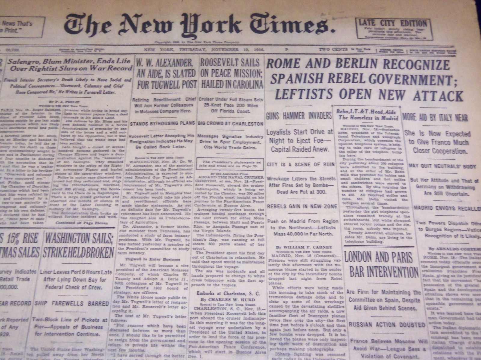 1936 NOV 19 NEW YORK TIMES - ROME & BERLIN RECOGNIZE SPANISH REBEL - NT 2083