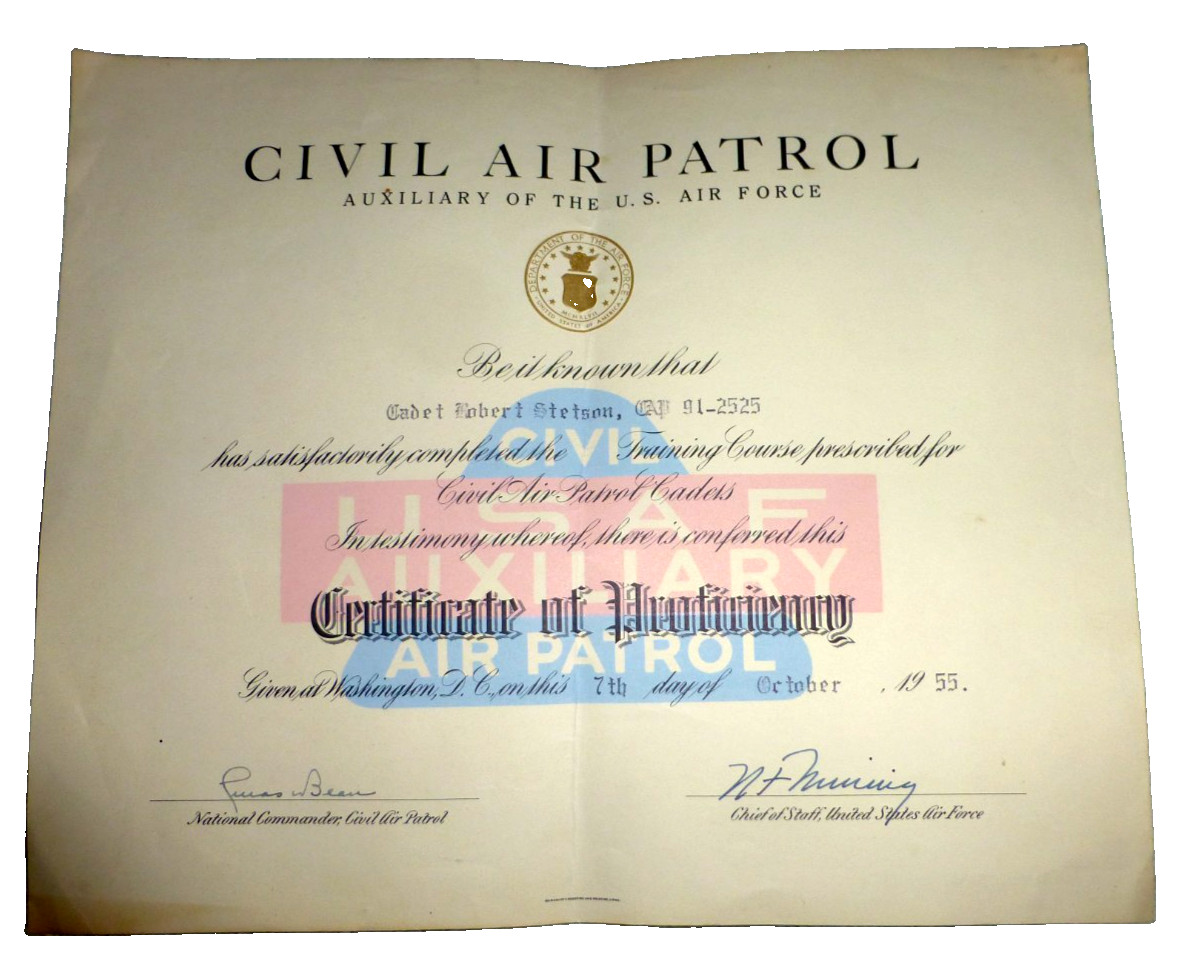 VINTAGE CERTIFICATE US AIR FORCE CIVIL AIR PATROL CADETS WASHINGTON DC 1955