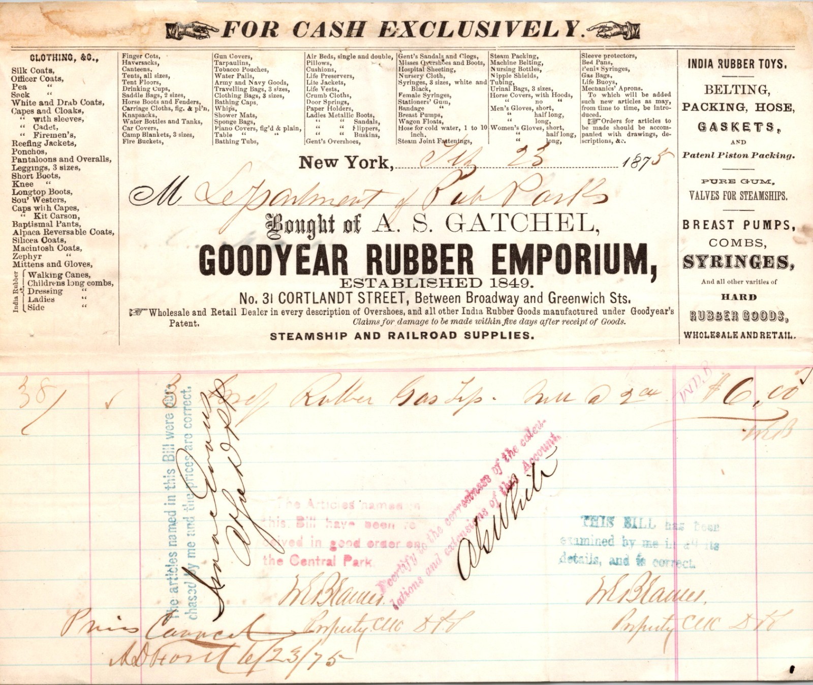 AS Gatchel Goodyear Rubber Emporium New York NY 1875 Billhead Rubber Goods