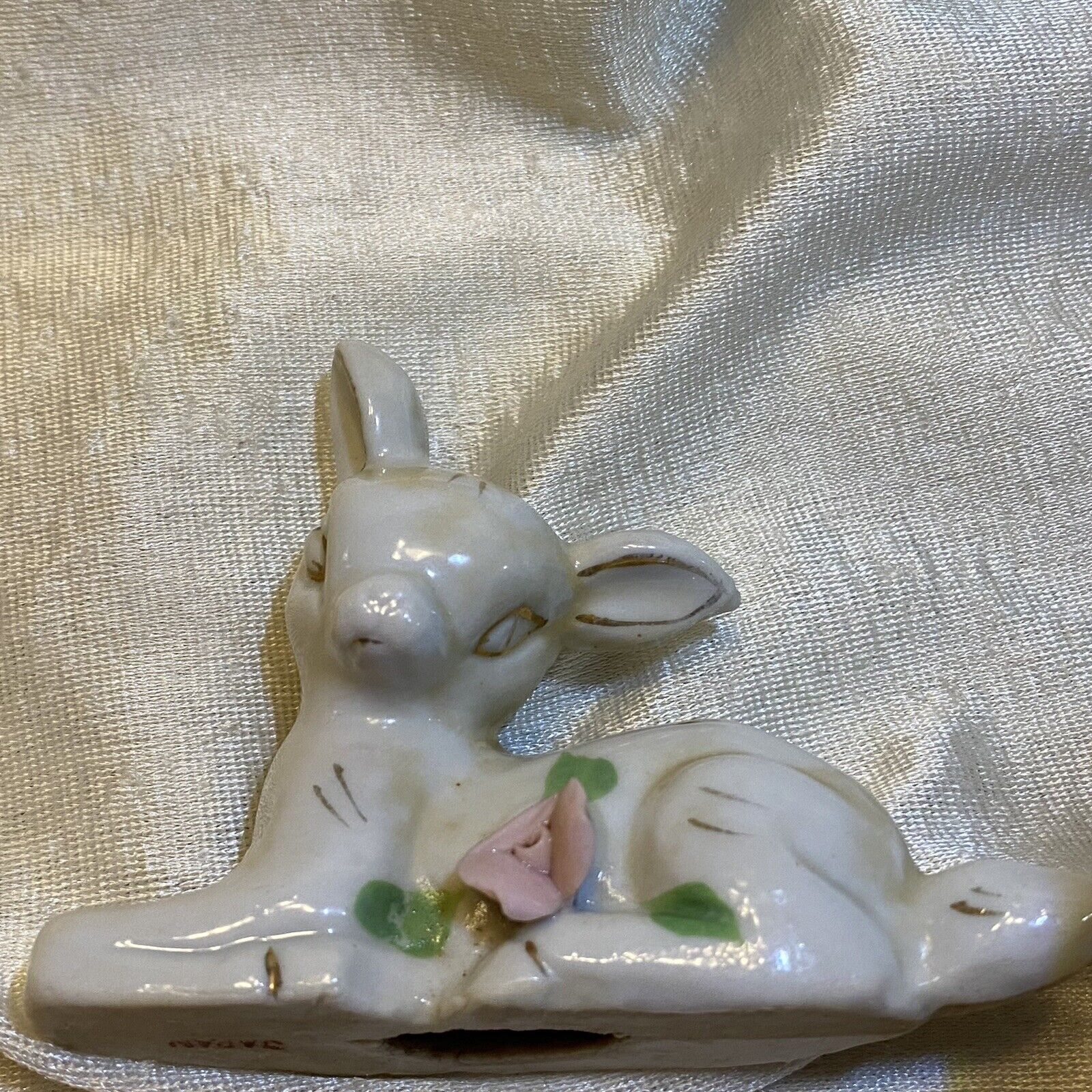 Porcelain Made in Japan Deer Fawn figurine laying down gold trim pink rose VTG