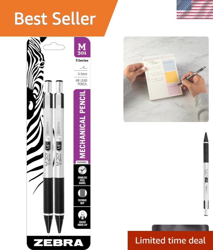 Durable 0.5mm Mechanical Pencils, Stainless Steel Barrel with Eraser - 2-Pack