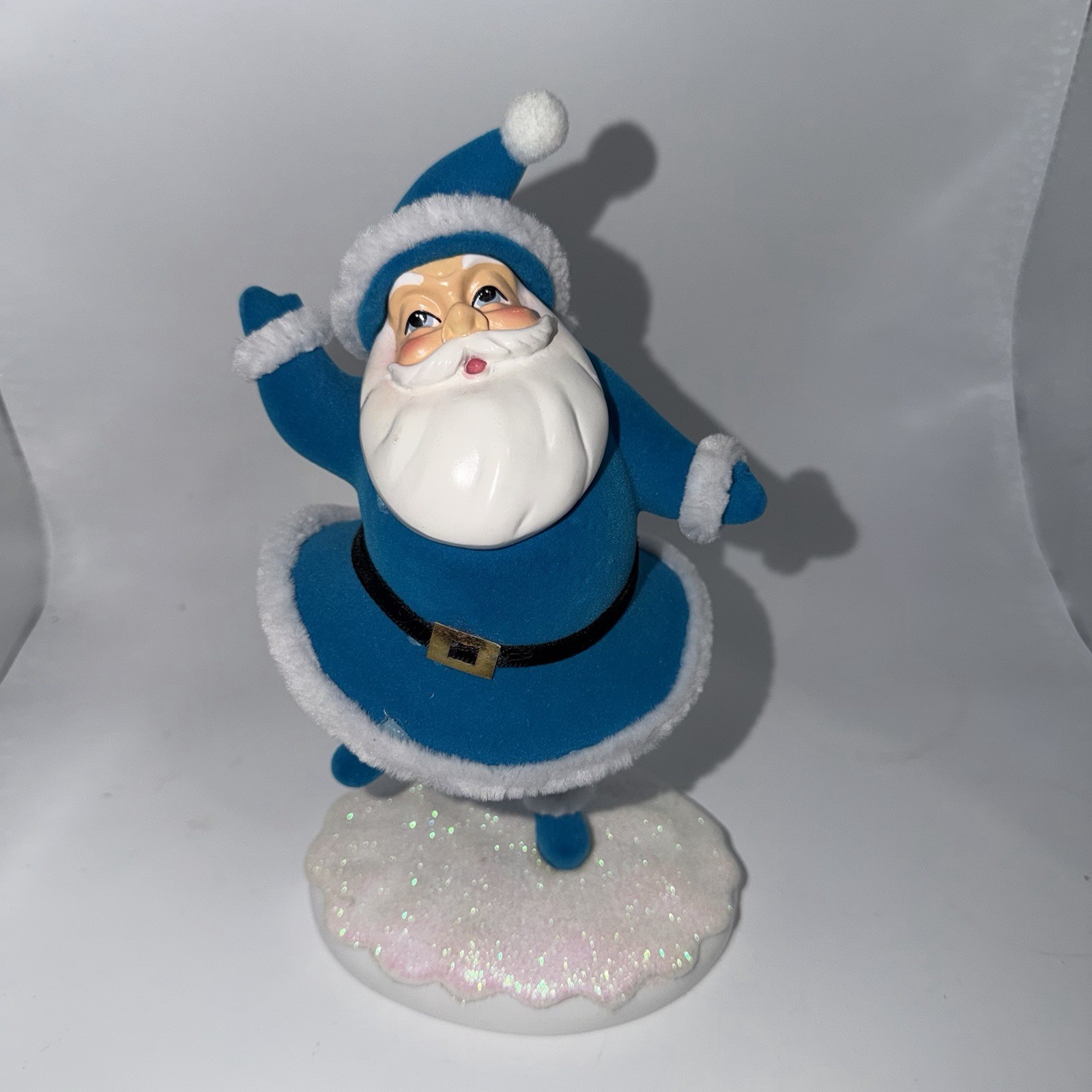 Retro Style Holiday Time Flocked Felt Santa Christmas Figure Blue & White 8.5\