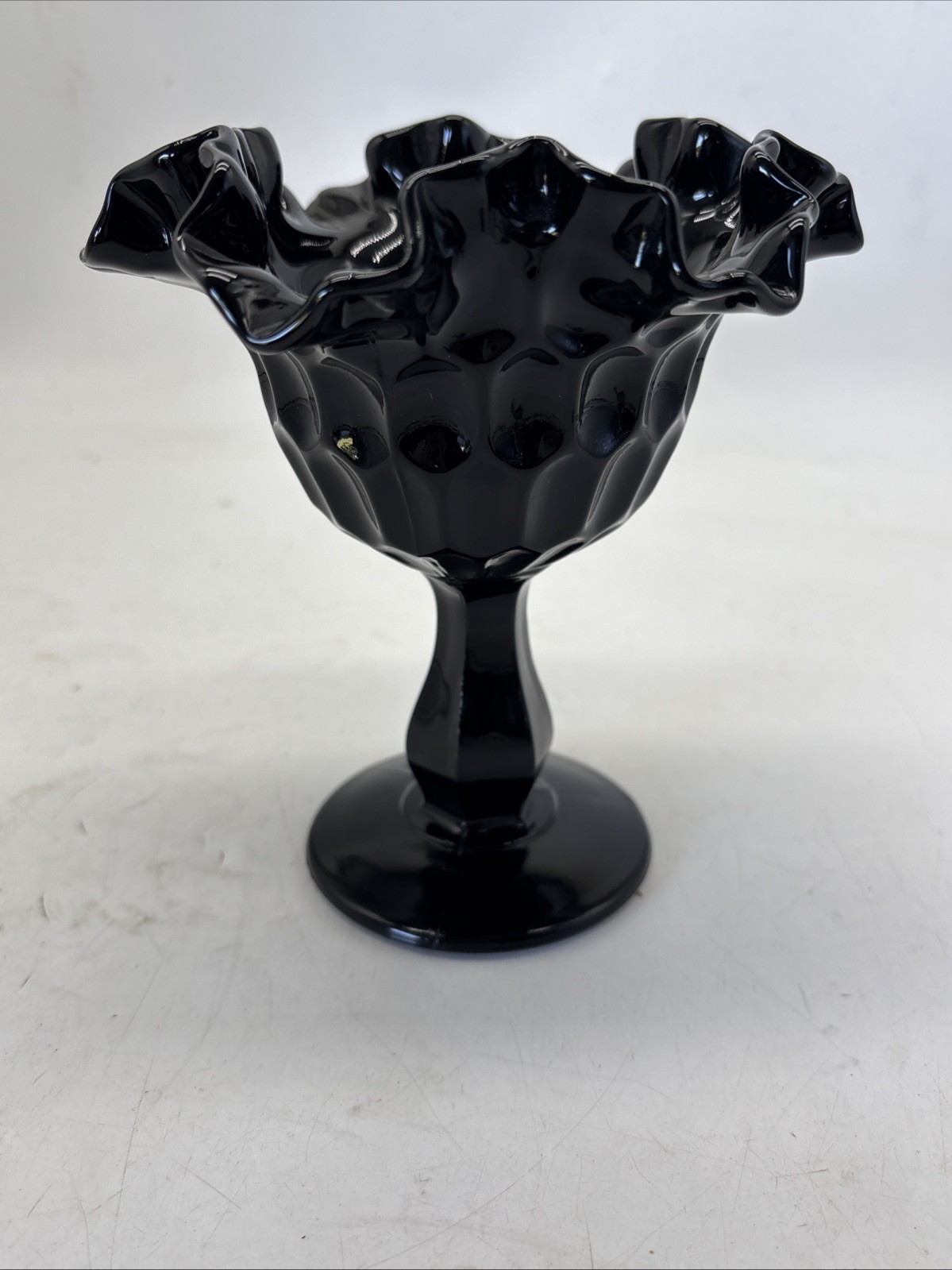 Fenton Black Glass Thumbprint Ruffle Top Pedestal Compote Candy Dish 6x6” EUC