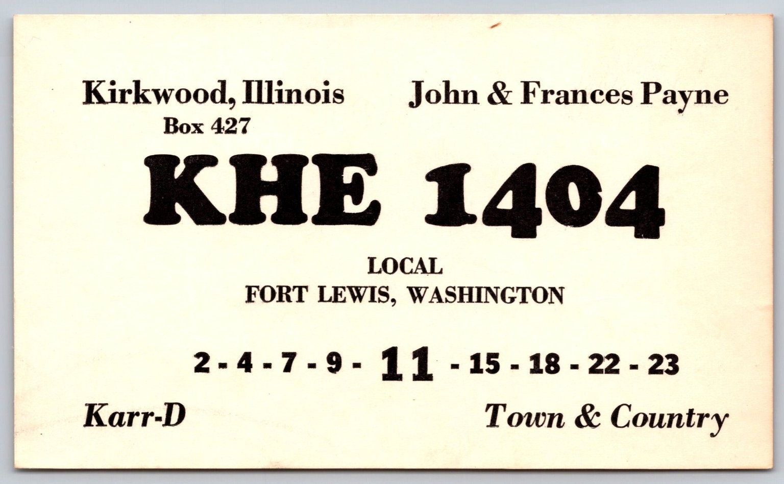 Vintage QSL Card KHE 1404 Kirkwood, IL & Fort Lewis, WA Ham Radio C192 Vintage QSL Card KHE 1404 Kirkwood, IL & Fort Lewis, WA Ham Radio C192