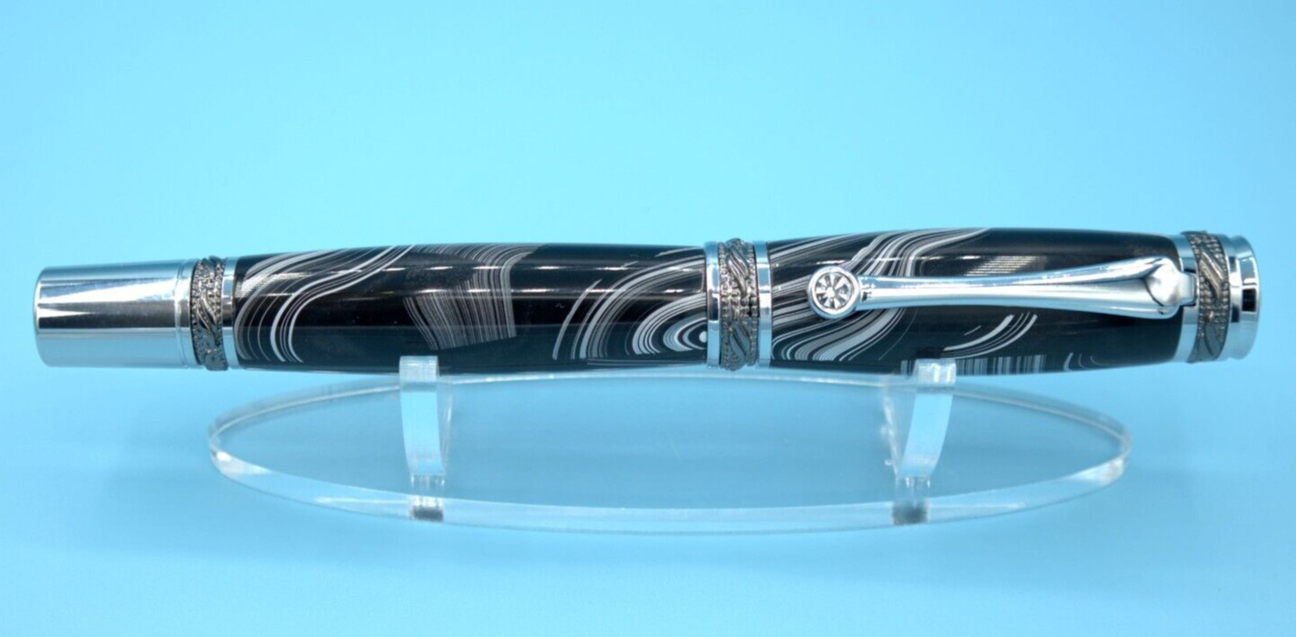 Black  Fordite Majestic Rollerball Pen in Chrome & Gun Metal with  Hybrid XLBody