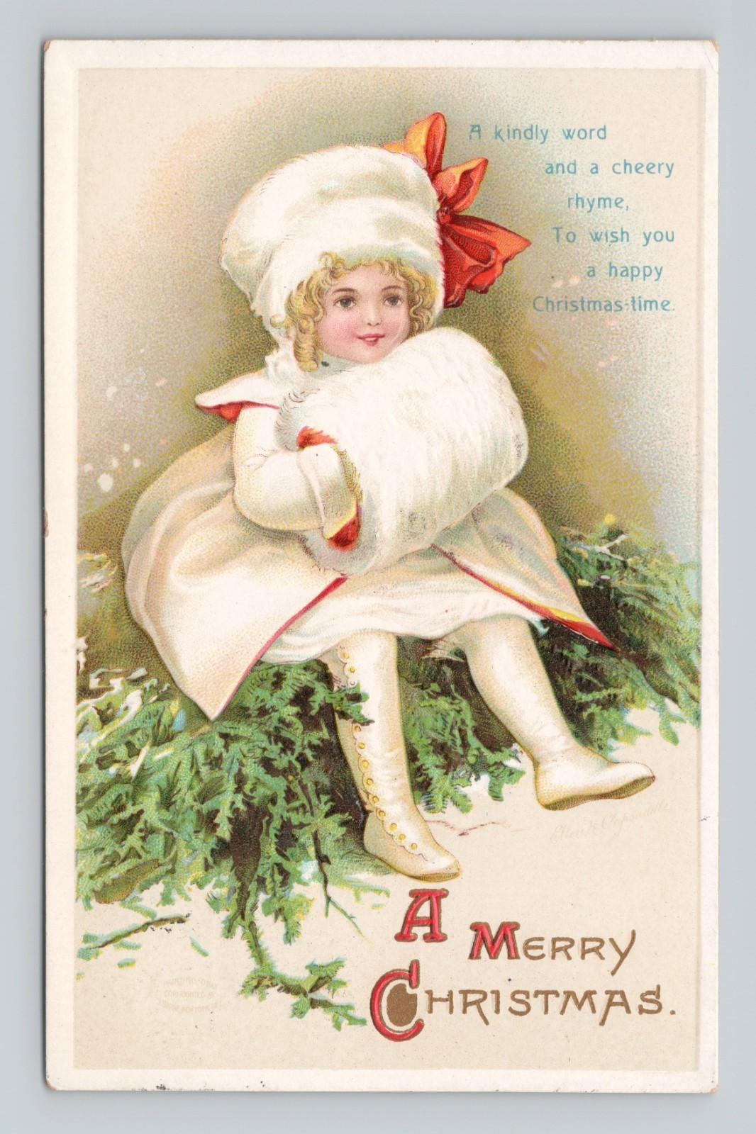 Vintage 1910s Ellen Clapsaddle Christmas Girl Snow Embossed Germany Postcard
