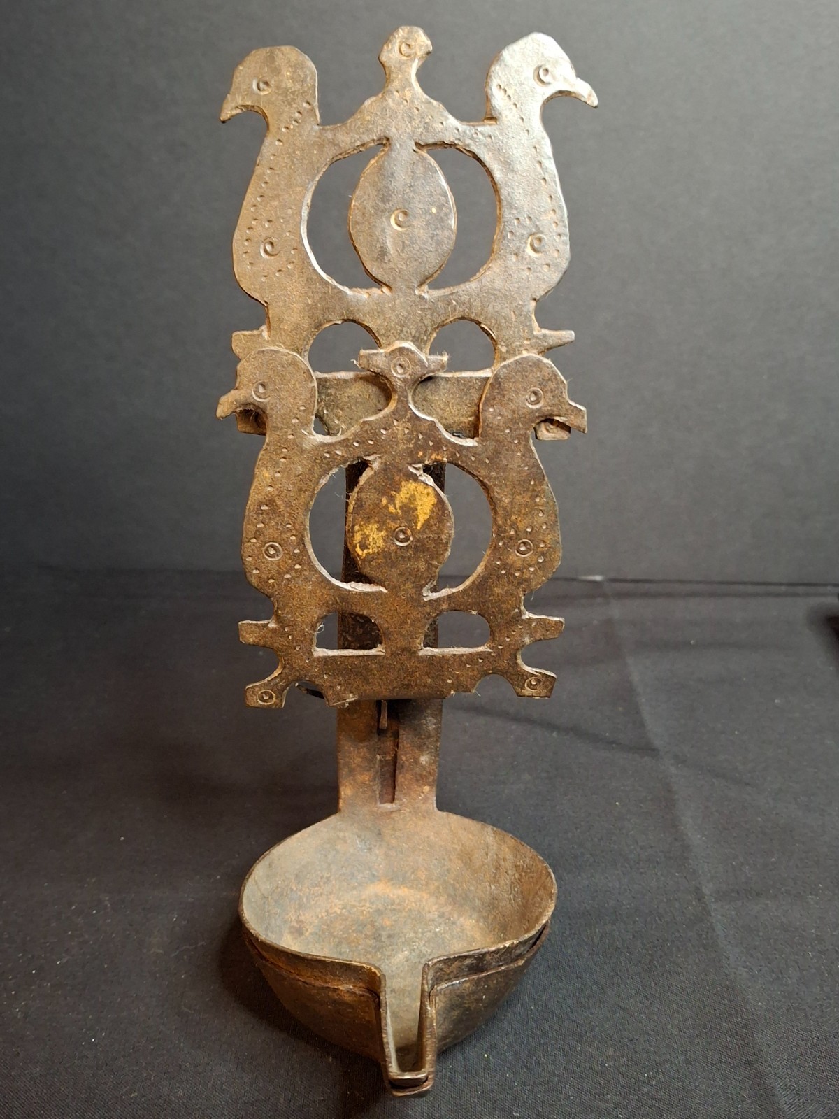 Rare 18th C. Wrought Iron Double Crusie Phoebe Grease Lamp Bird Motif Folk Art