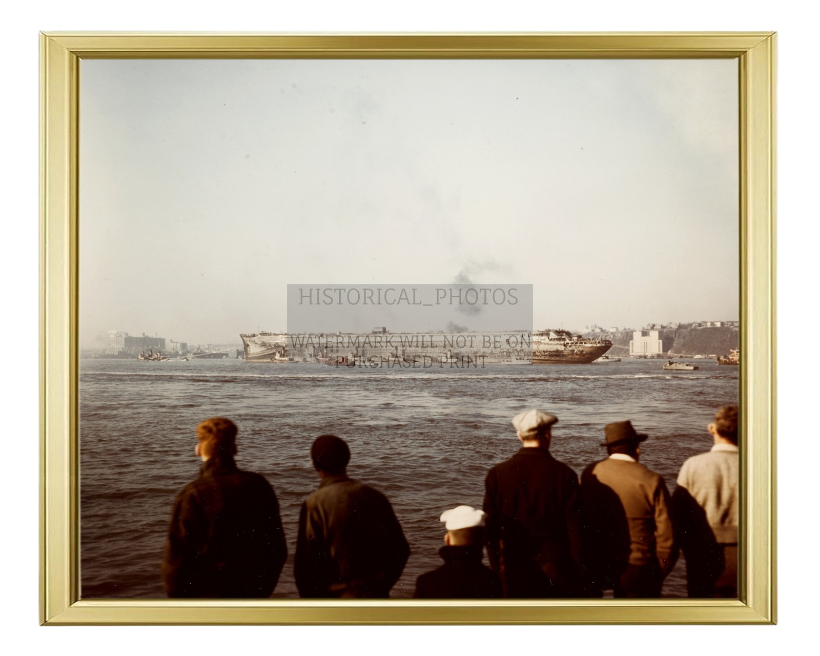USS LAFAYETTE AP-53 TUGGED DOWN NEW YORK HARBOR WWII 1943 8X10 GOLD FRAMED PHOTO