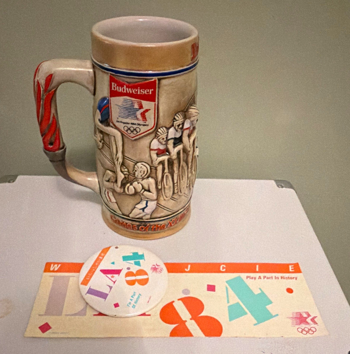 1984 LA Olympics Lot: Budweiser Stein, Pin & Polish Welcome Bumper Sticker