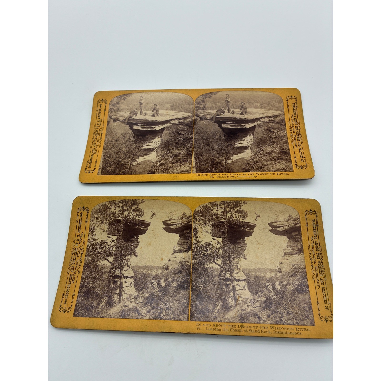 2 Antique H.H. Bennett Stereoview Cards Wisconsin Dells Stand Rock Leaping Chasm