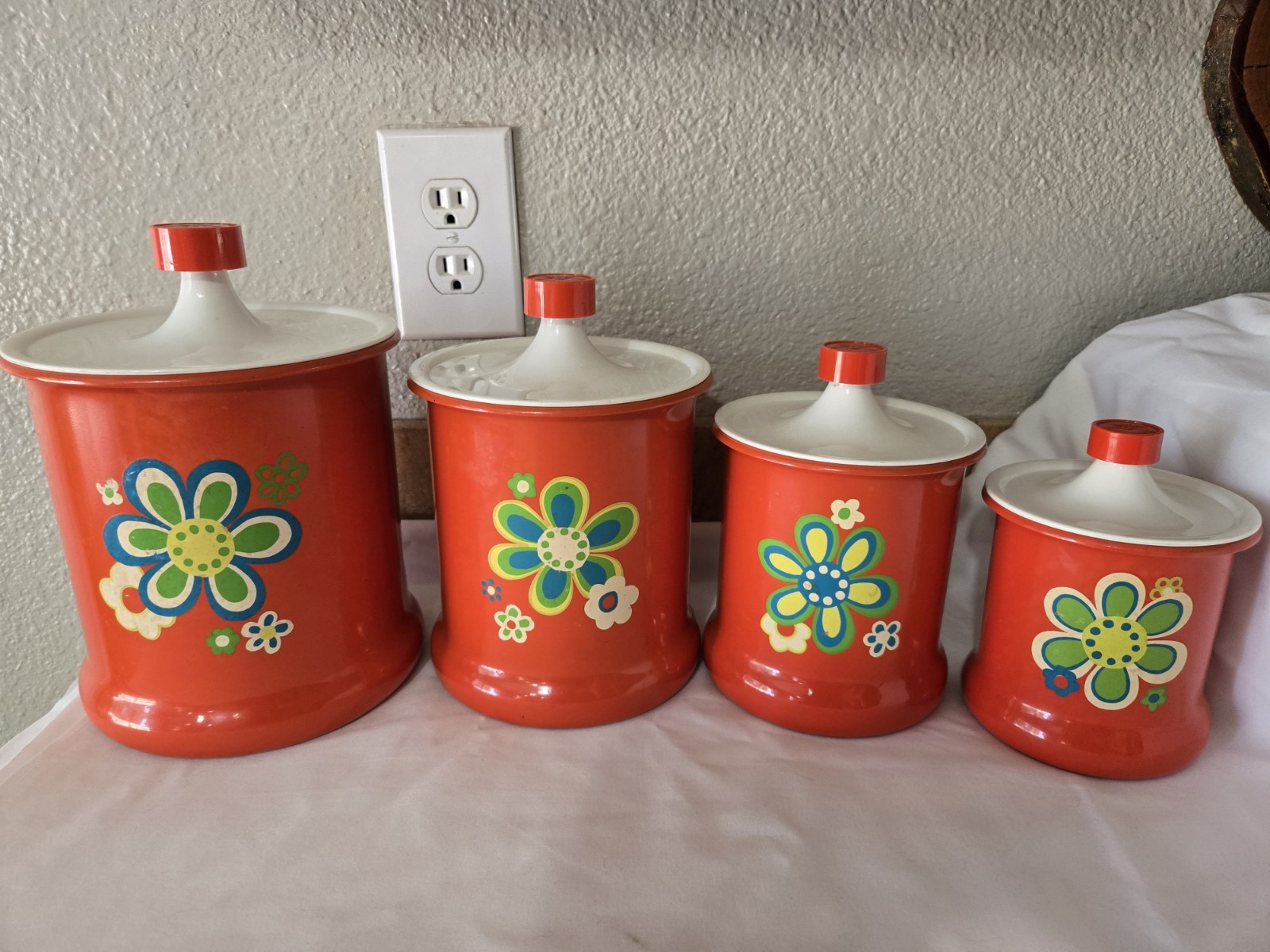 Vintage Kromex Orange (Red) Daisy Aluminum Canisters 1970s Flower Power Set MCM