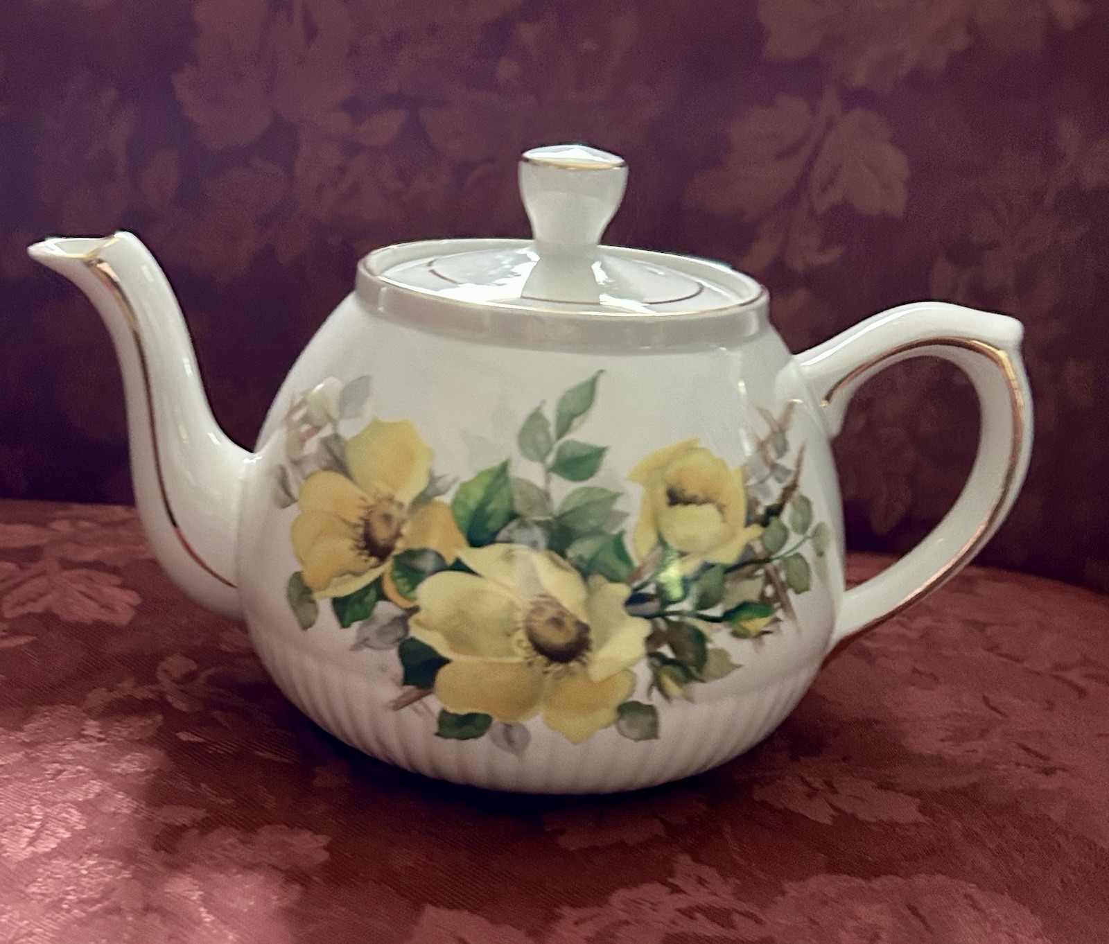 Vintage Ellgreave Wood & Sons England Ironstone Teapot Yellow Rose Flower 869