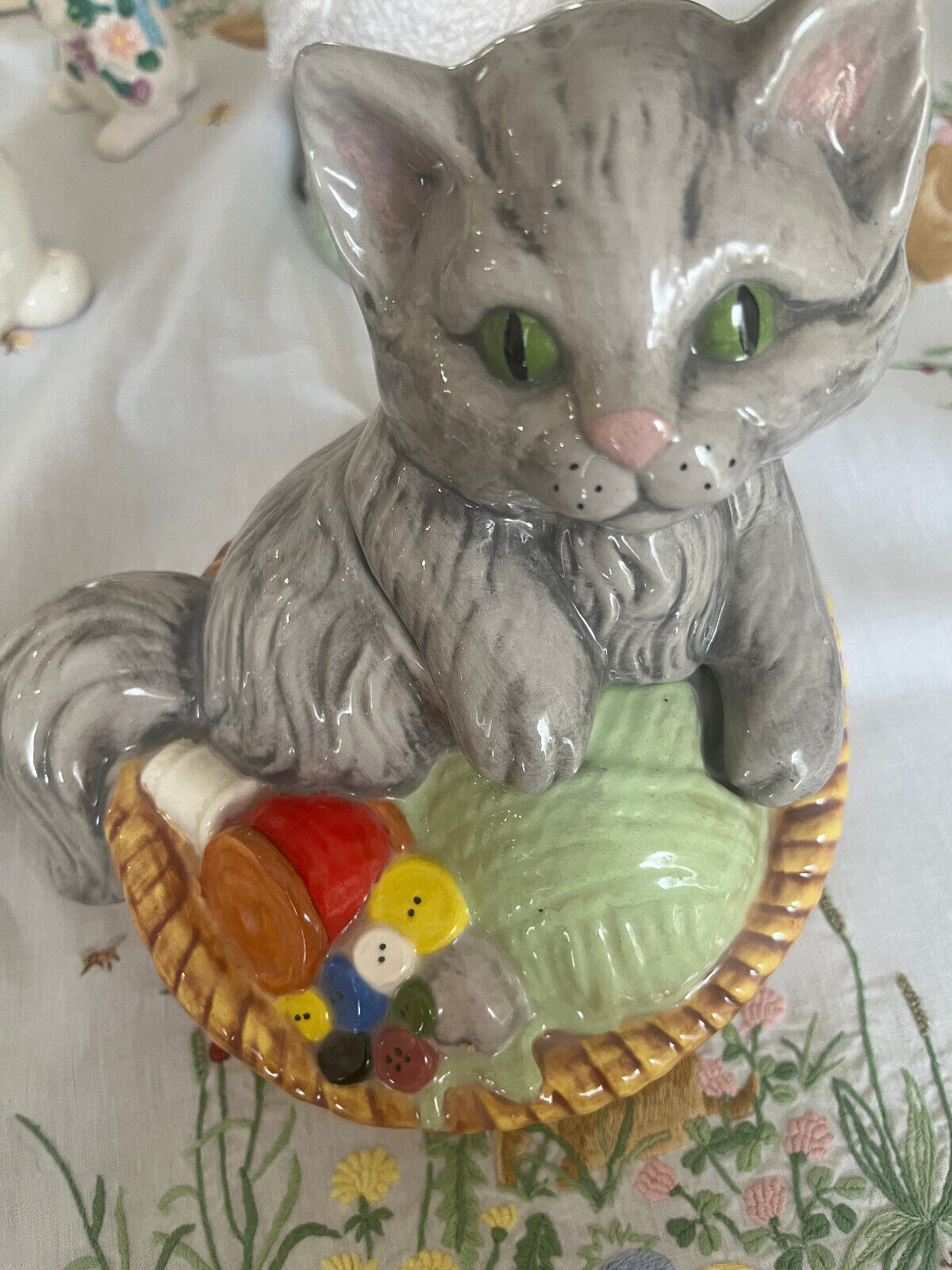 Vintage Ceramic Grey Sitting Cat in Basket figurine w/Buttons and Wool
