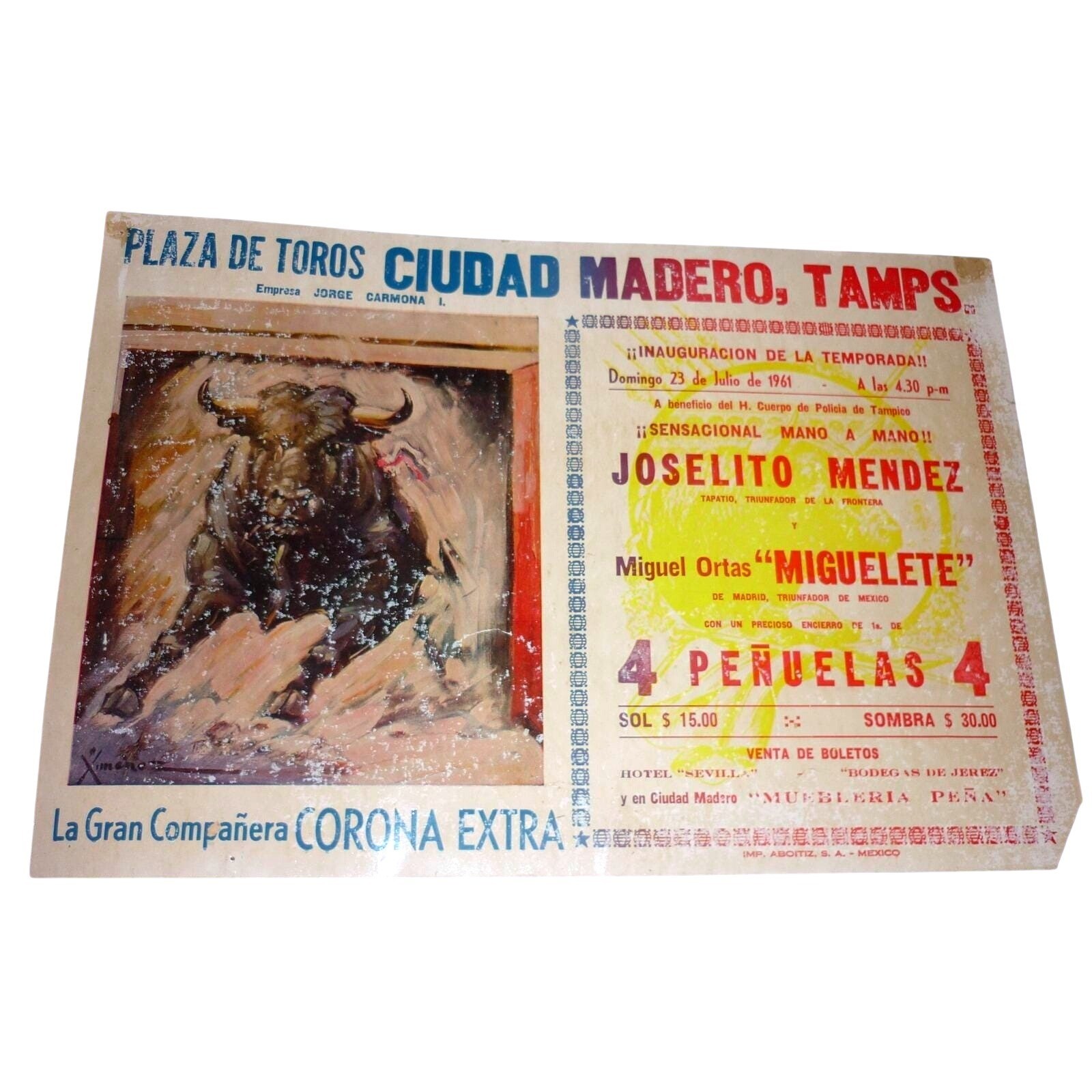 Vintage 1961 Plaza de Toros Ciudad Madero Bullfighting Poster Card Corona Extra
