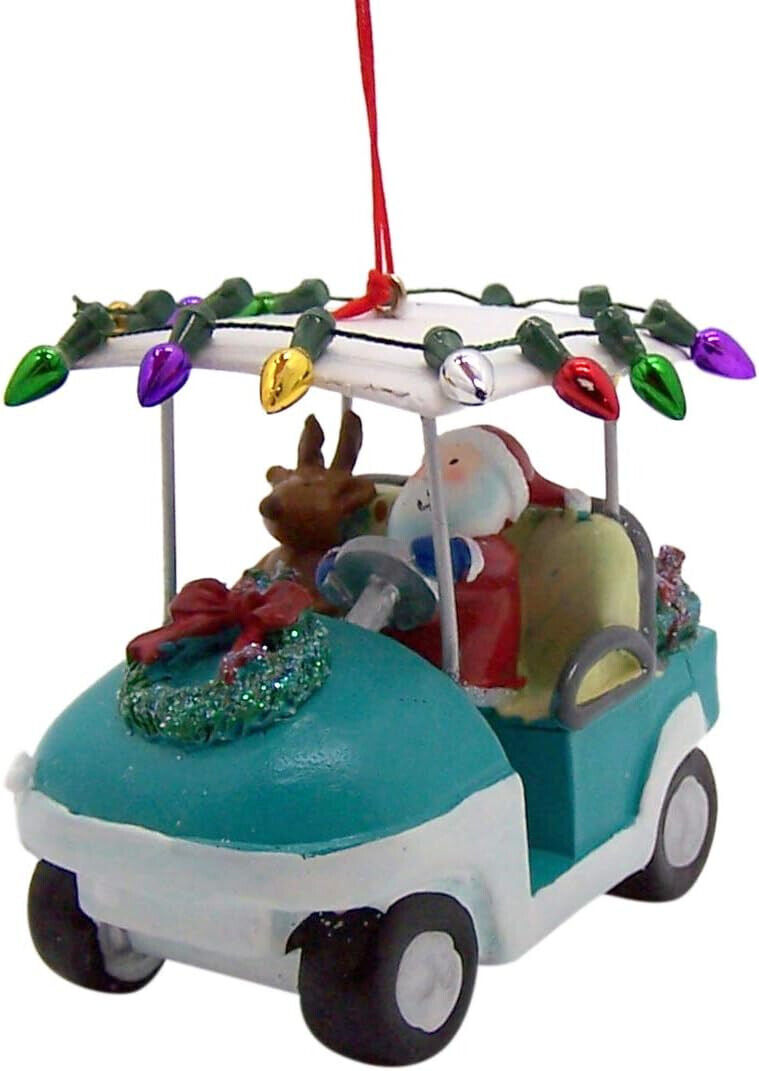 Santa & Reindeer in Golfcart Hanging Christmas Tree Ornament, Festive Ornament