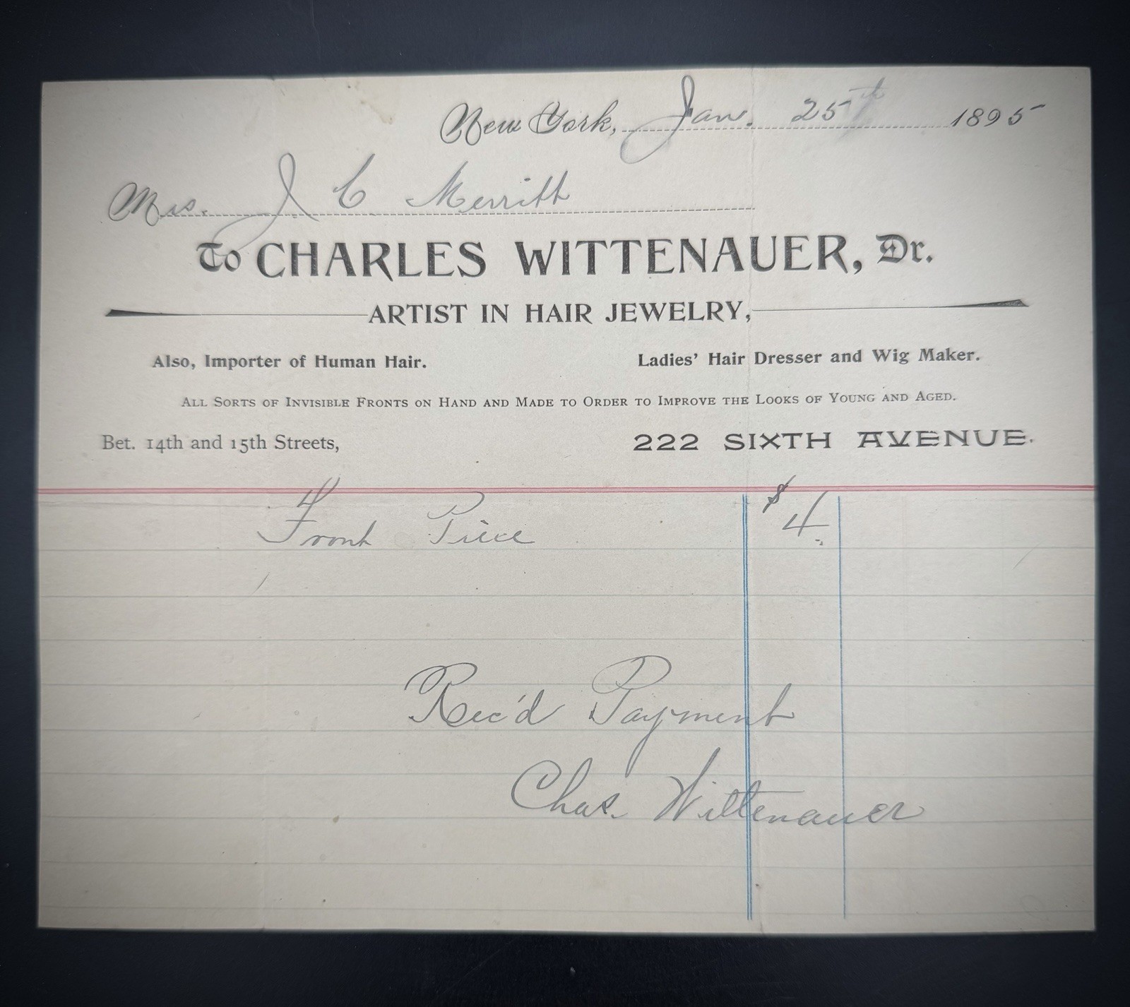 Antique 1895 Charles Wittenauer Victorian Hair Art Billhead Receipt New York NYC