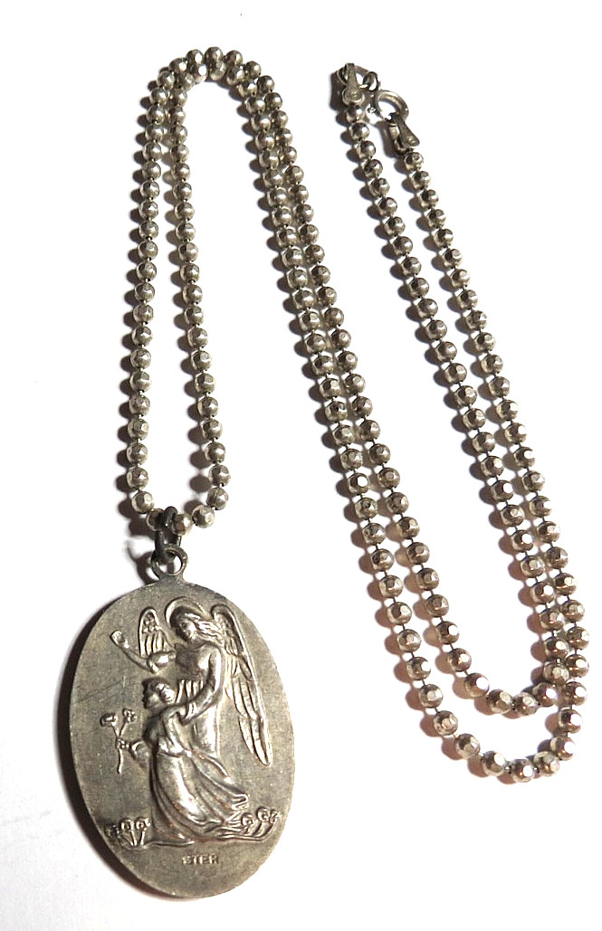 VTG GUARDIAN ANGEL & ST MICHAEL STERLING SILVER MEDAL PENDANT NECKLACE CHAIN 18”