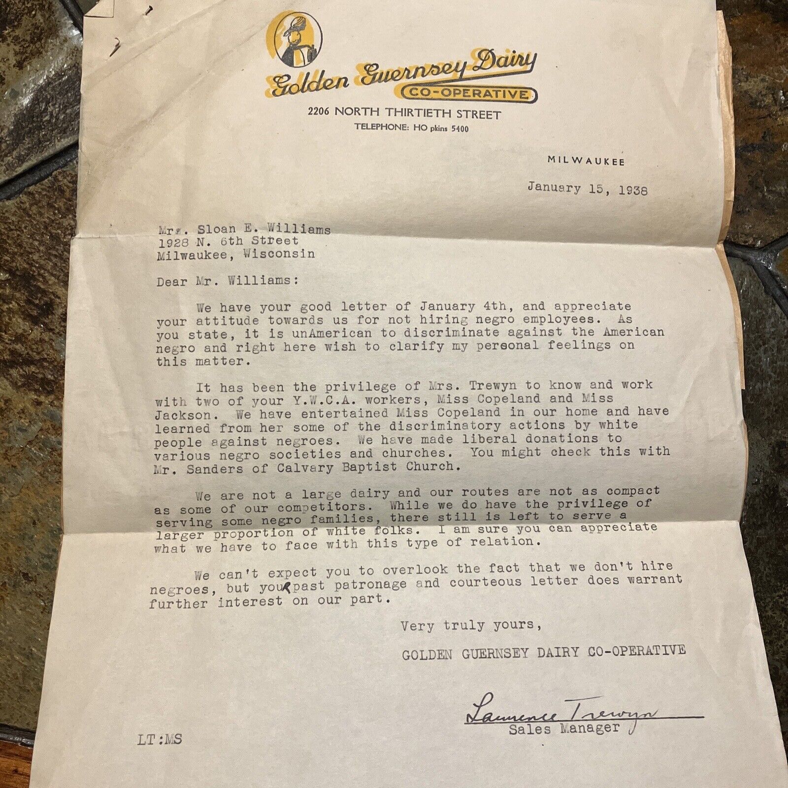 1938 Golden Guernsey Dairy Letter (Q&A) Exp The Non Hiring Of African Americans