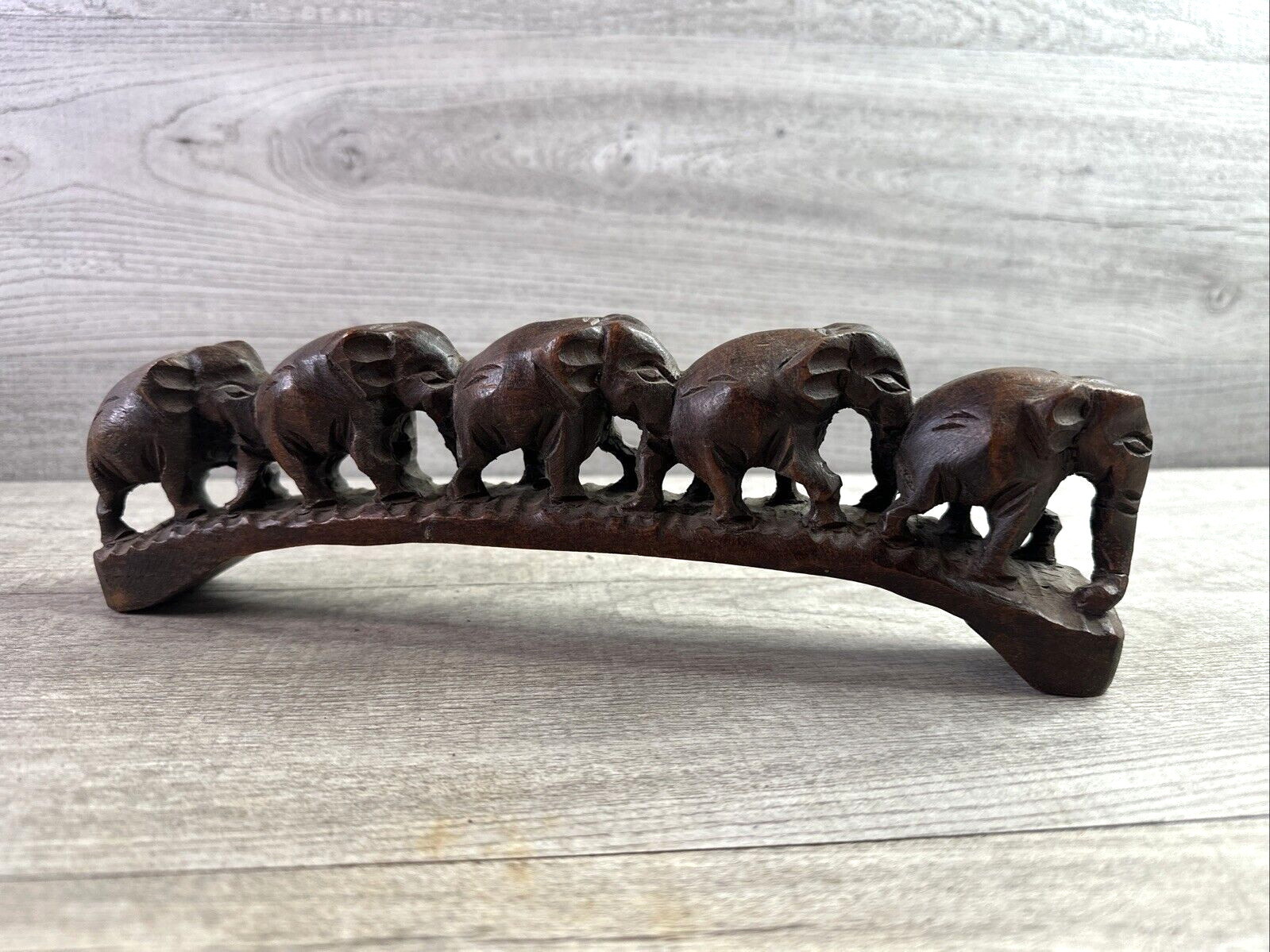 Vtg Hand Carved Dark Wood Parade of 5 Lucky Elephants Figurine 11.25\