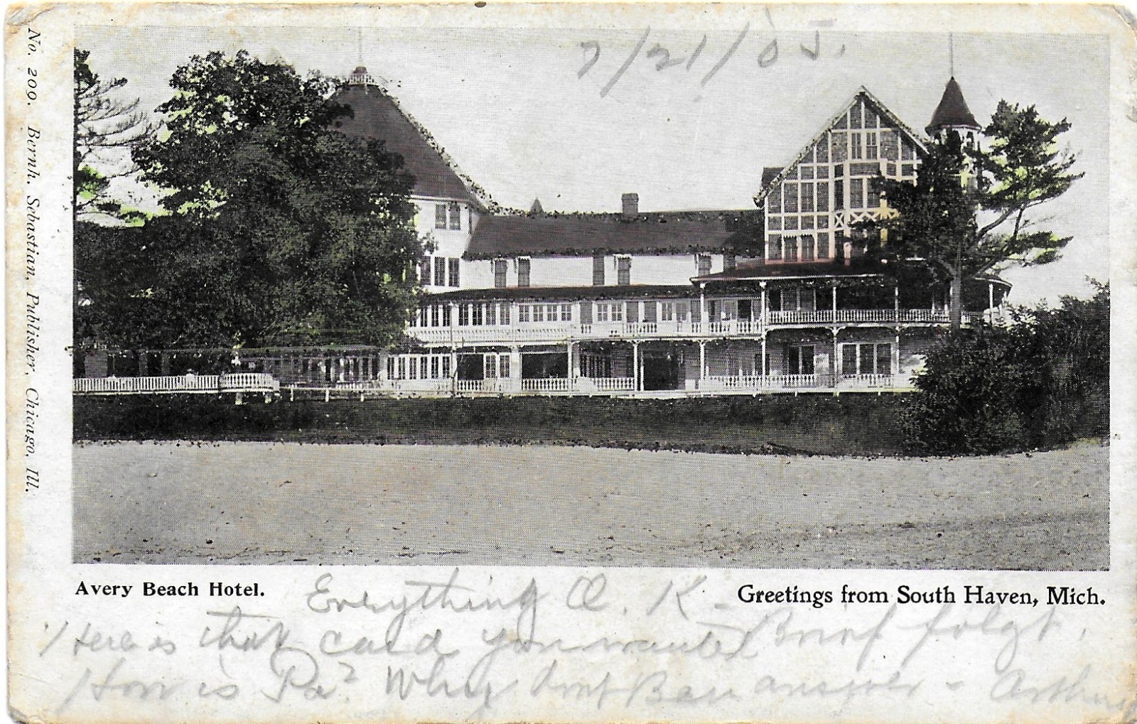 SOUTH HAVEN MICHIGAN Postcard - AVERY BEACH HOTEL w GLITTER - Used 1905