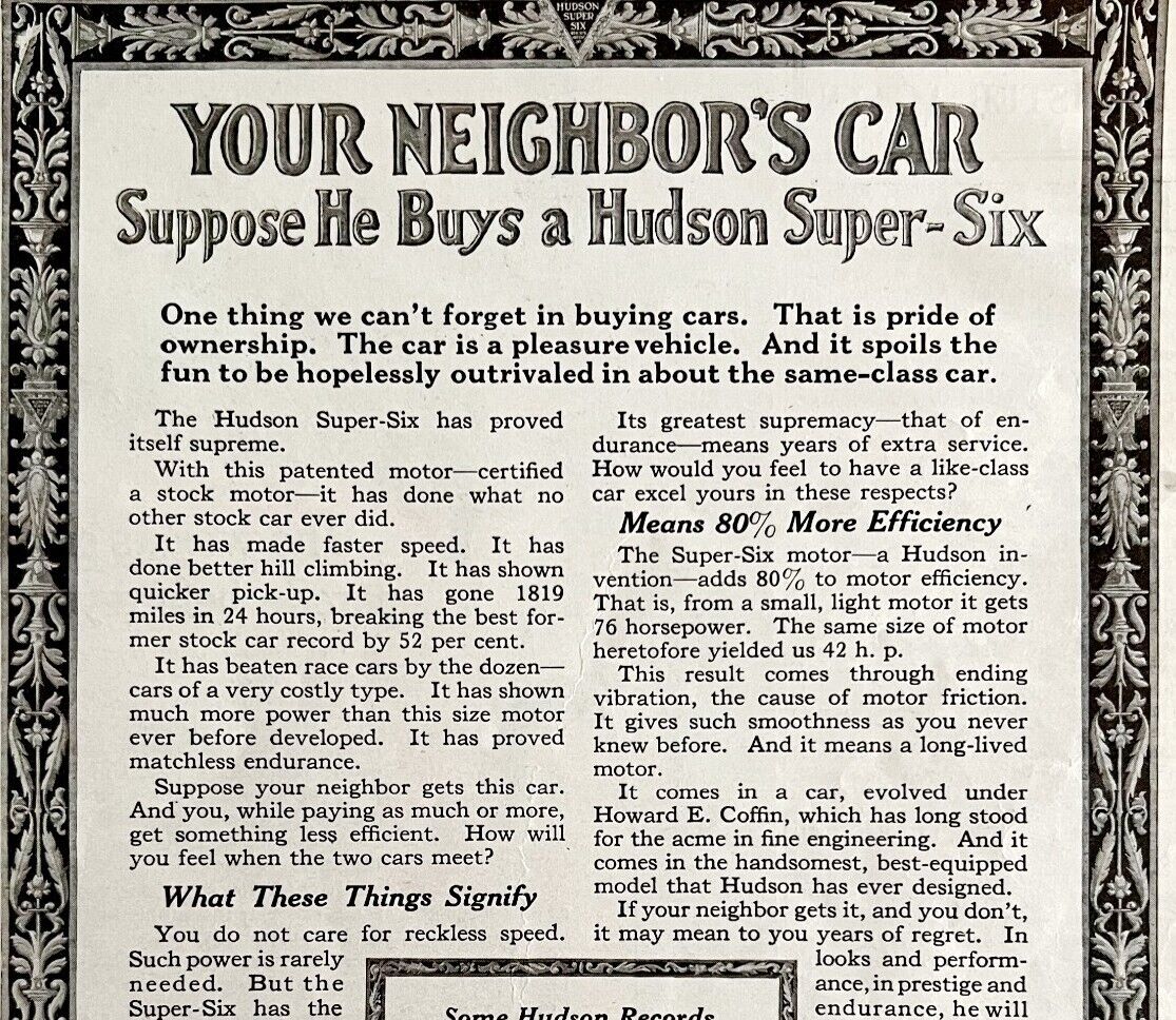 1916 Hudson Motors Super Six Neighbors Advertisement Automobilia Ephemera DWMYC3