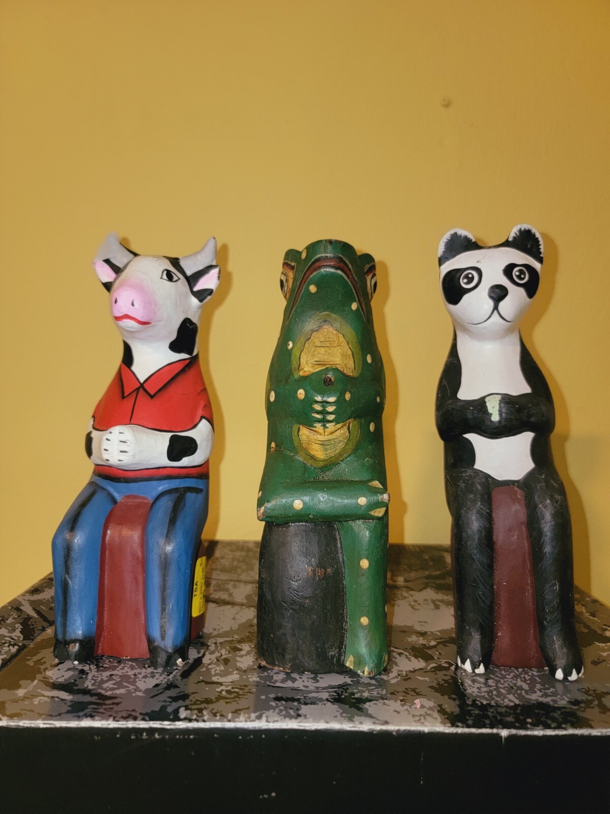Unique Indonesian Hand-carved Hand-painted Cow, Frog and Racoon Wooden