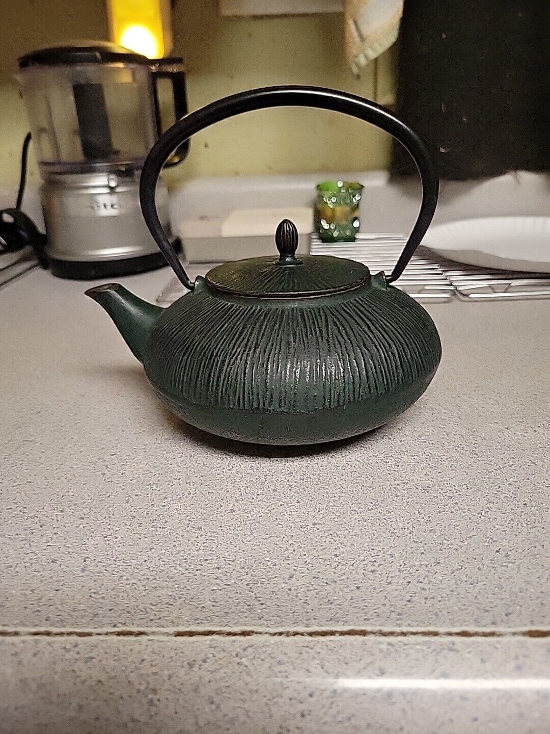 Japanese Vintage Jade Green Nanbu Tekki Cast Iron Teapot  W/ Tea Infususer.
