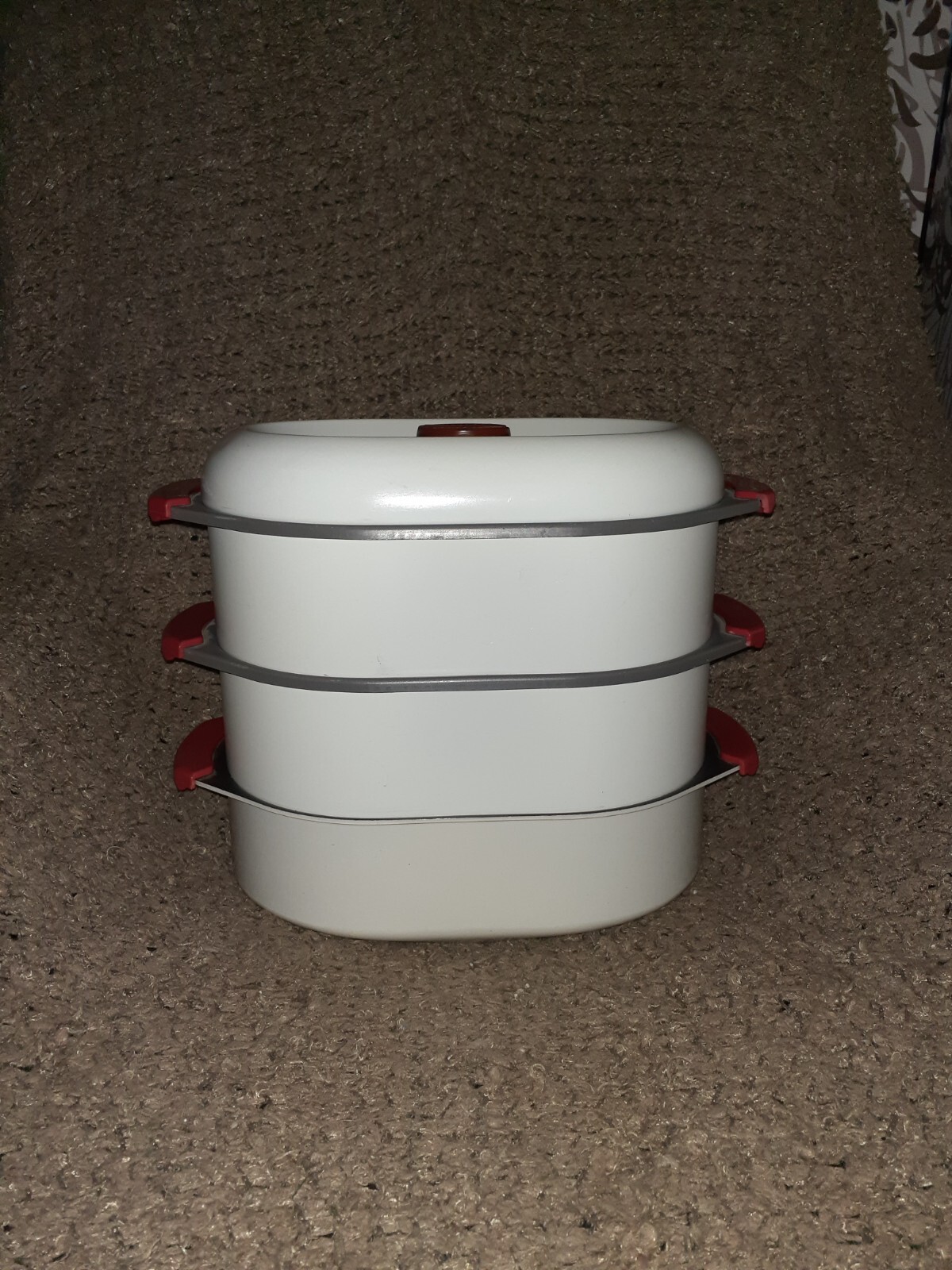 Vintage TOURNUS France-3 Level Steamer-Stove Top-White/Red-Excellent-Rare