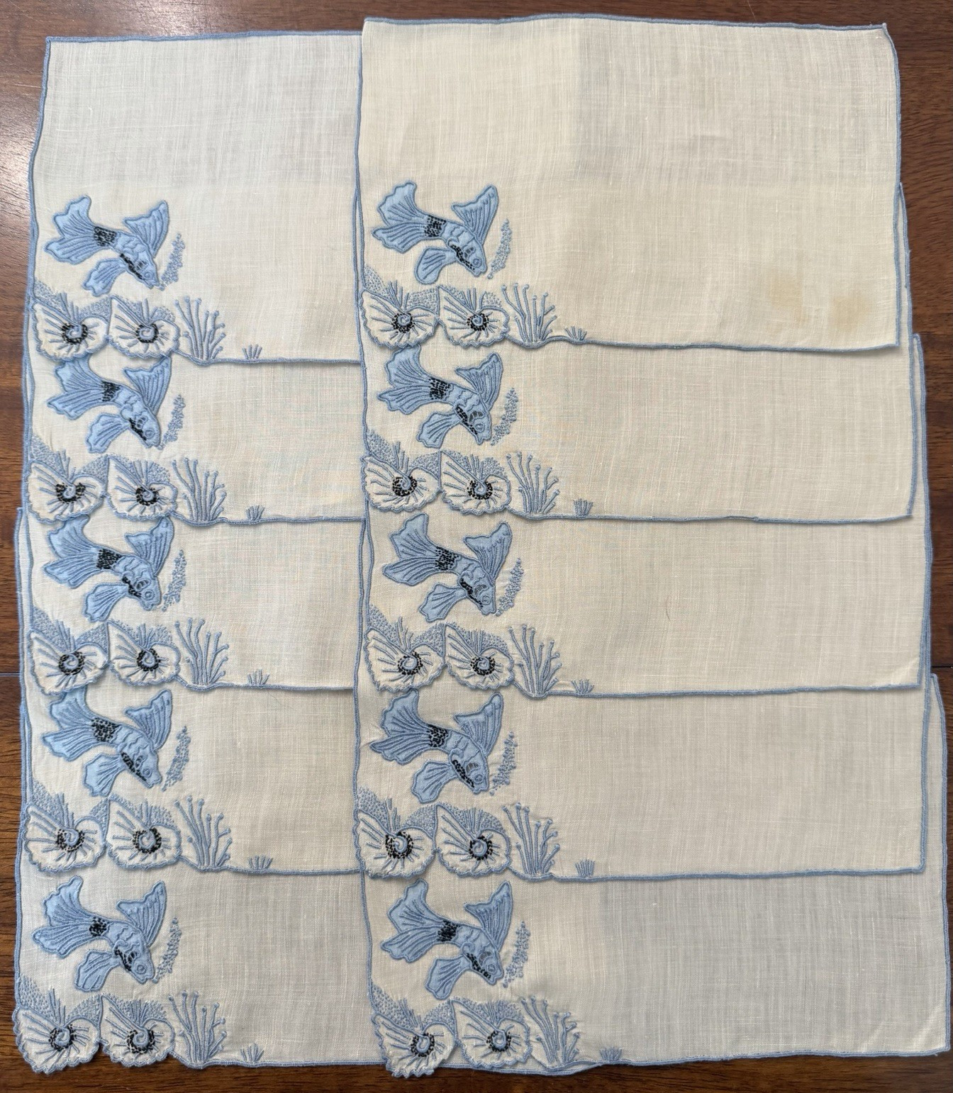 Marghab Tropical Fish Linen Cocktail Napkins Set of 10 Hand Embroidered Madeira