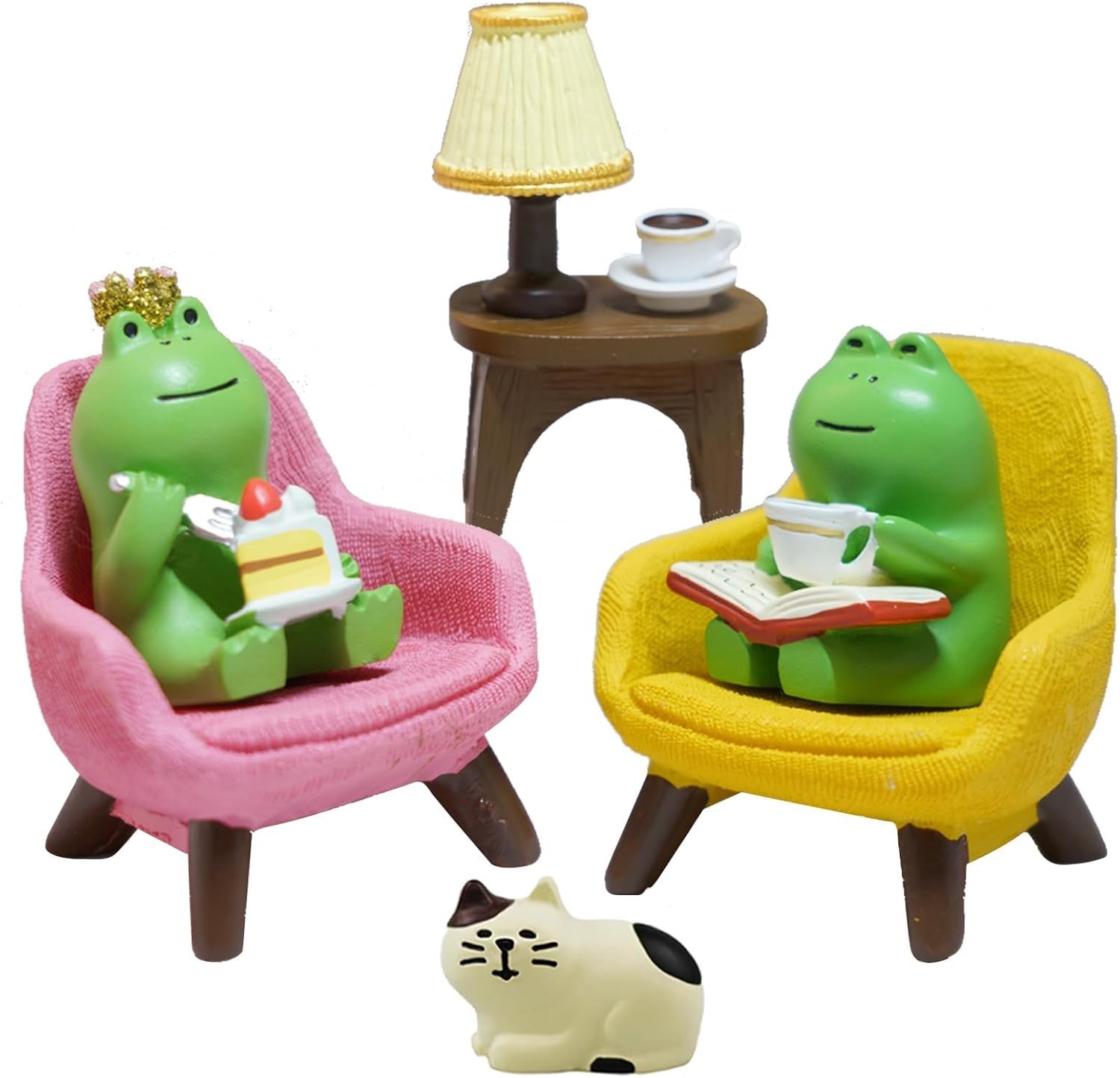 Miniature Frog Desk Set with Sofa & Lamp - 6-Piece Cute Frog Figurines