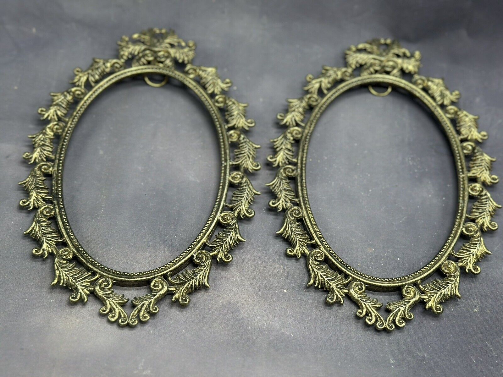 Brass Picture Frames Set of 2 Vintage Victorian Wall Mount Hooks Pair Intricate