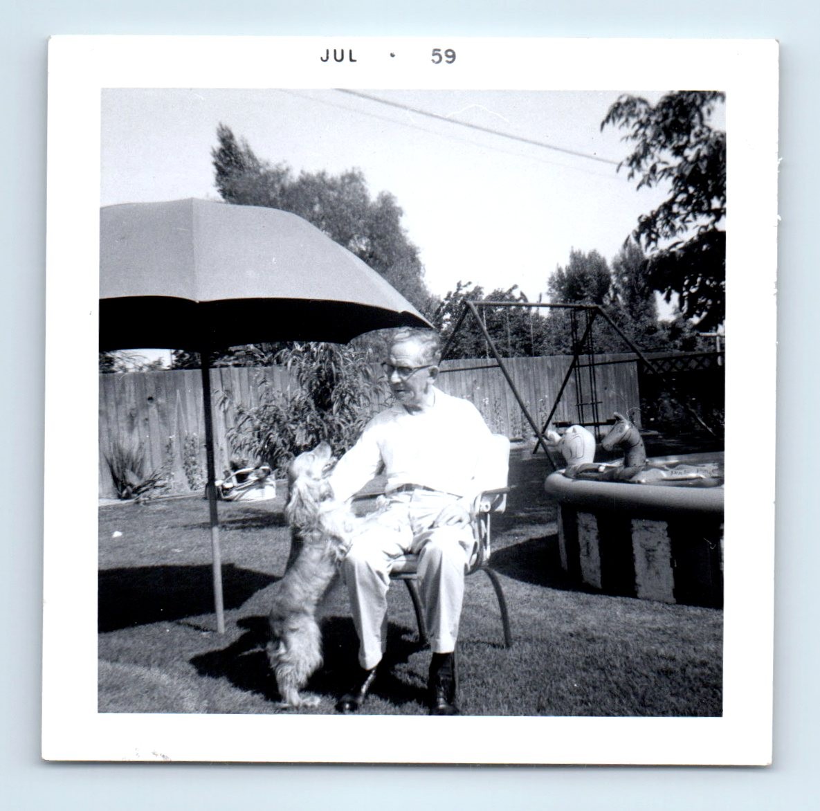 Old Vintage Square Photo SOLO OLDER MAN WITH DOG SWIMMING POOL BACKYARD 1959