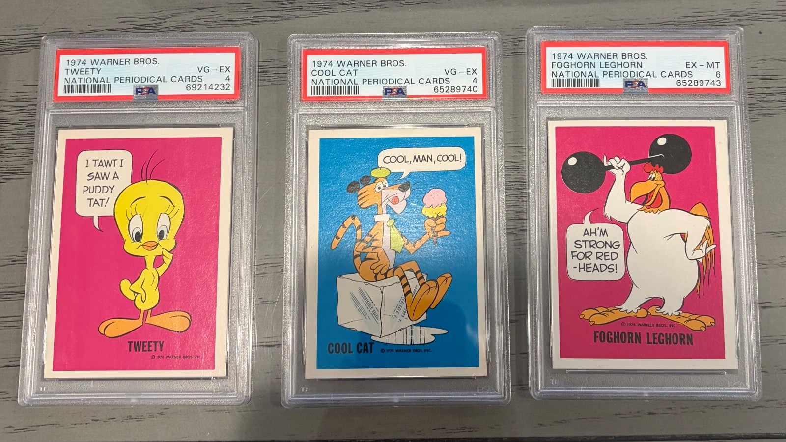 1974 Warner Bros  3Tweety Cool Cat Foghorn Leghorn National Periodical Cards PSA