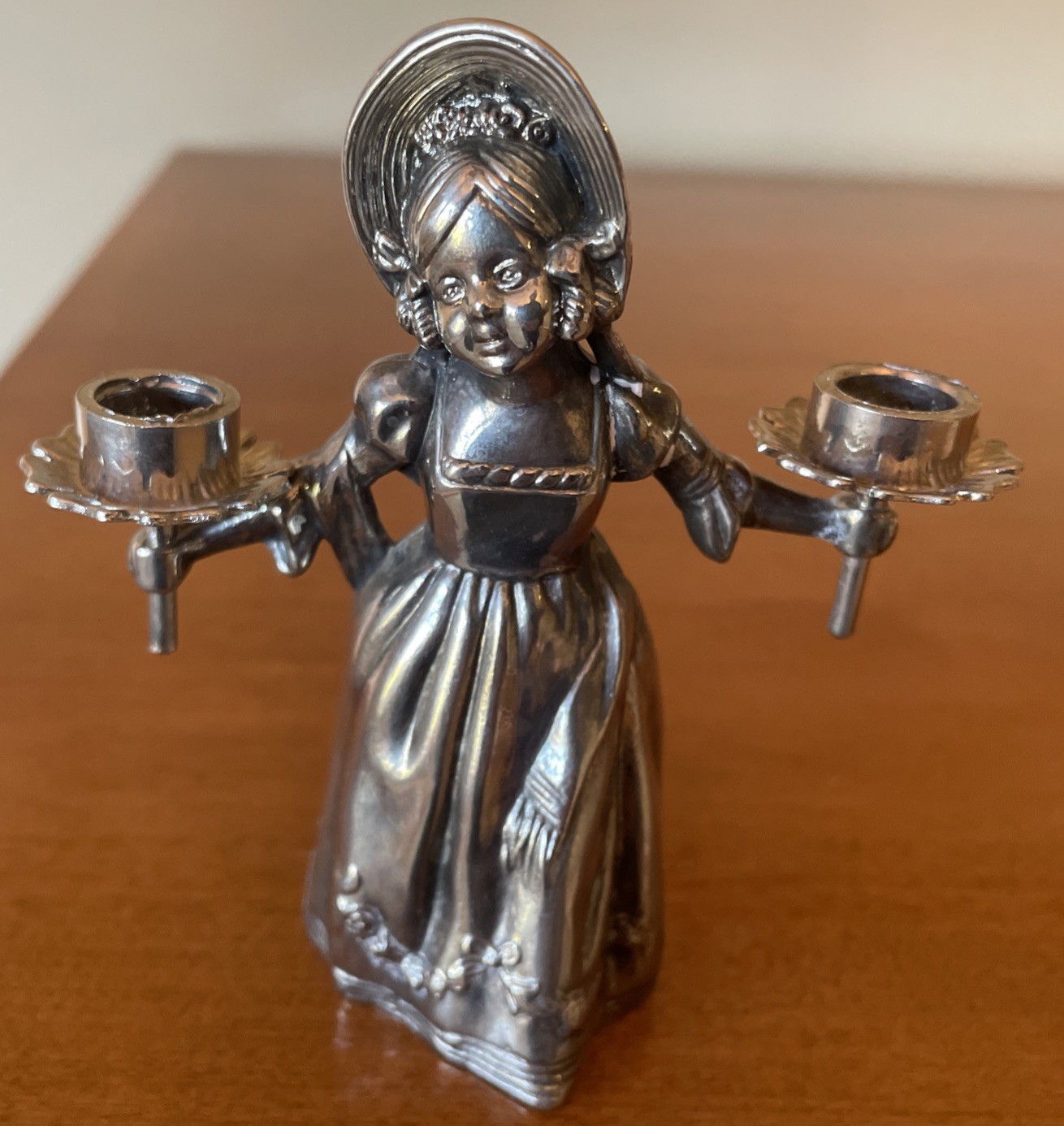 Vintage Mary Gregory Style Metal Candle Holder Snuffer Maiden In Bonnet 4” X 4”