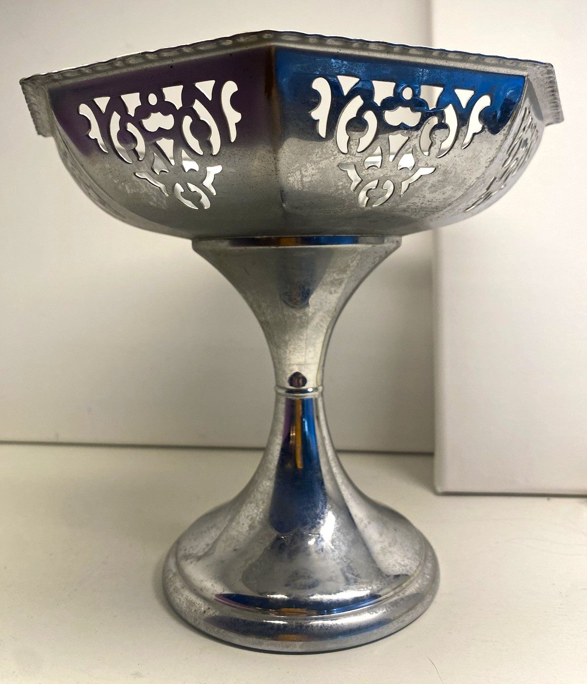 Vintage Farber Bros Krome-Kraft Pierced Pedestal Bowl Compote Silver Tone