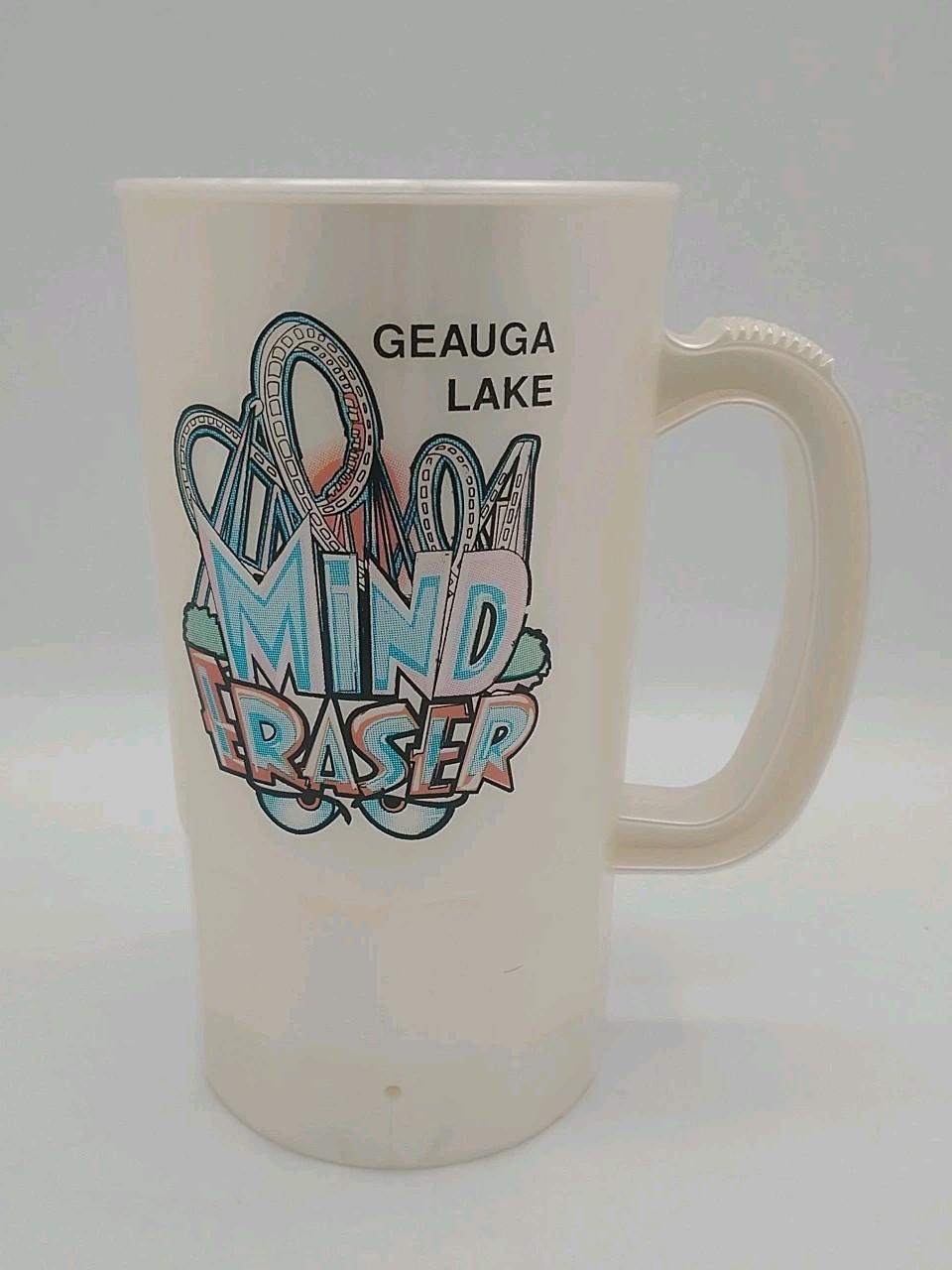 Vtg Geauga Lake Aurora, Ohio Mind Eraser Roller Coaster Super Liter Plastic Mug