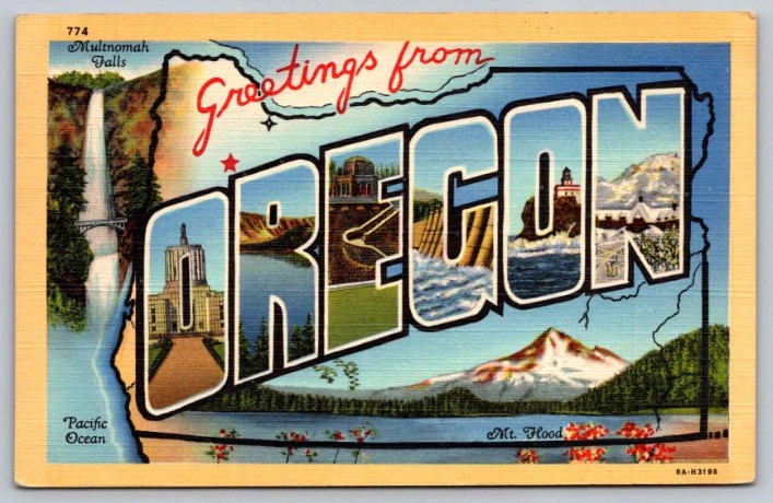 c1944 Greetings From Oregon Large Letter Multnomah Falls Mt Hood Linen Postcard
