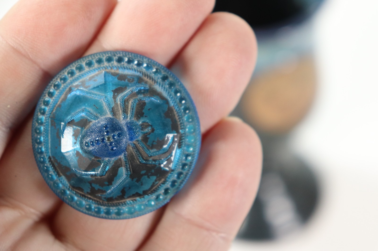 Antique Czech Glass Spider Hatpin Blue Hat Pin Bohemian Halloween Gothic Czech 