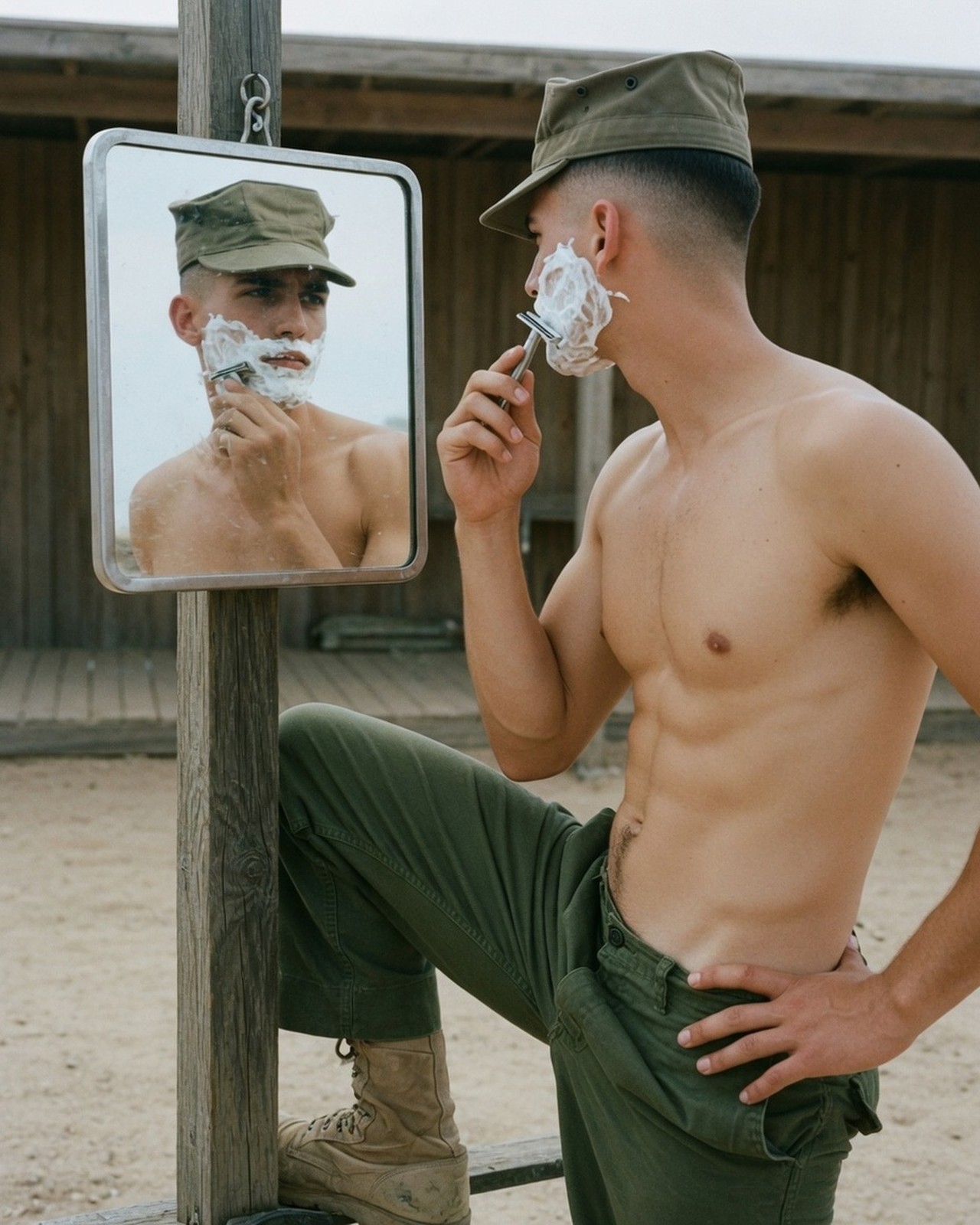Gay Interest White Male Physique Military Uniform Shaving Photo Print M006816