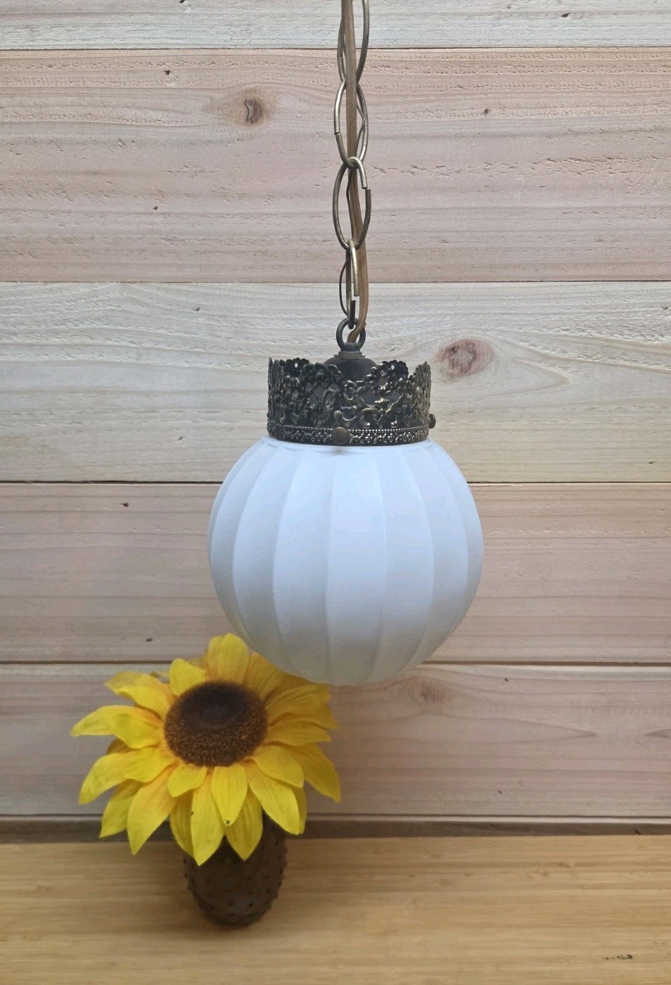 Vintage Ribbed White Glass Globe Pendant Light, Brass Tone Metal, 1 Light 70s Vintage Ribbed White Glass Globe Pendant Light, Brass Tone Metal, 1 Light 70s