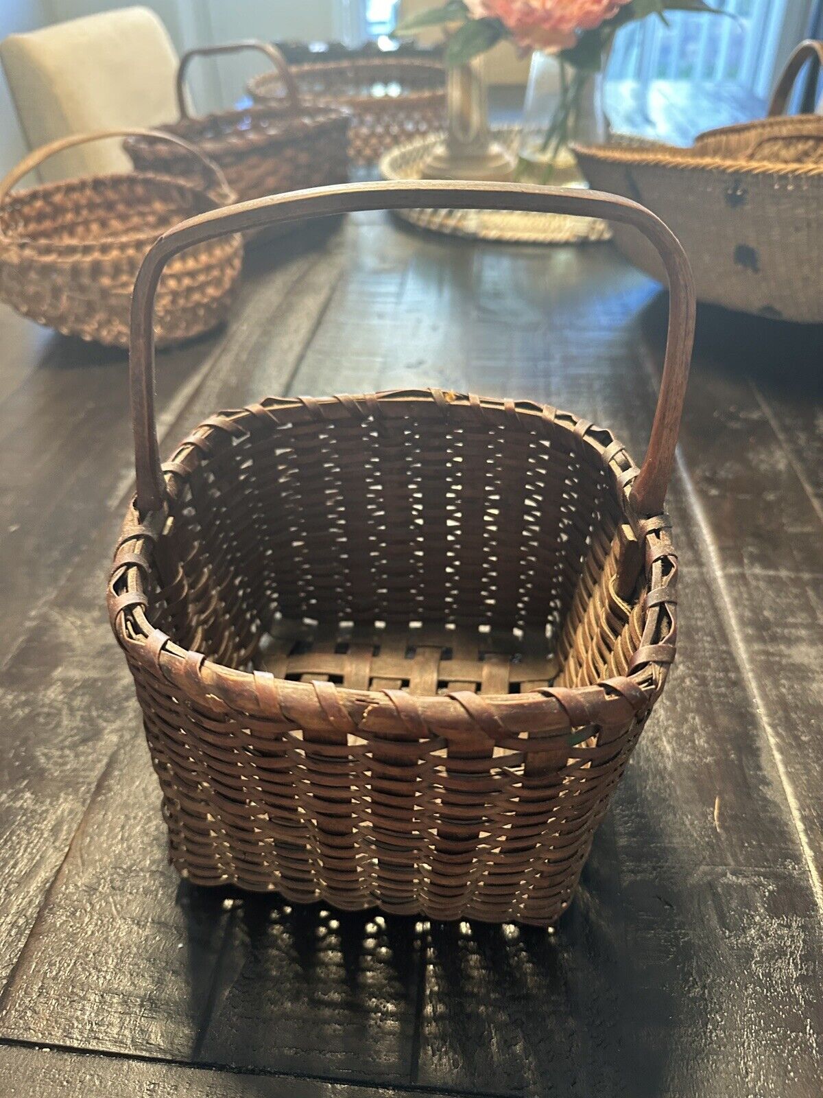 Antique Early Hand Woven Oak Splint Gathering Basket, Fantastic Patina