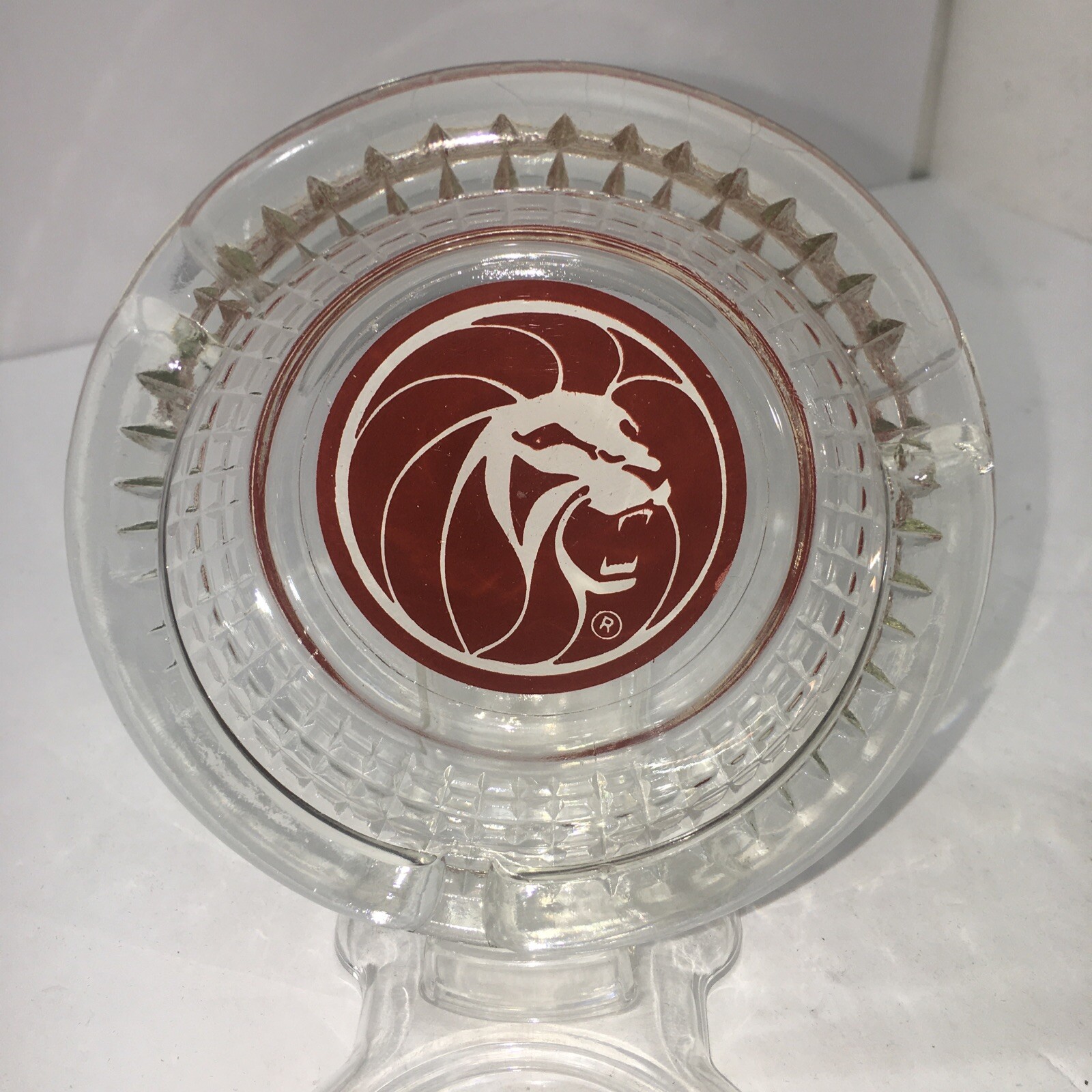 MGM Grand Glass Ashtray Red Lion Head Vintage Las Vegas Casino