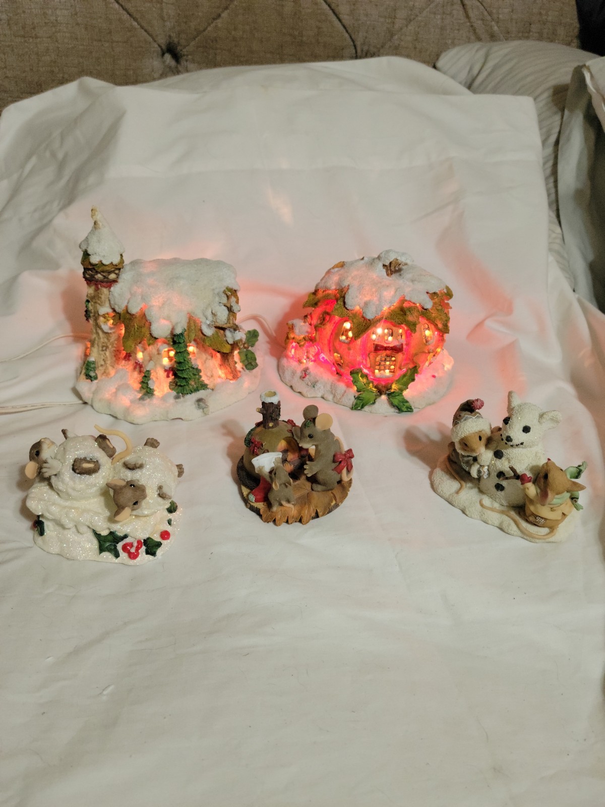 Set Of 5 Vntg Enesco Charming Tails Figurines 2 Houses 3 Mouse Figurines