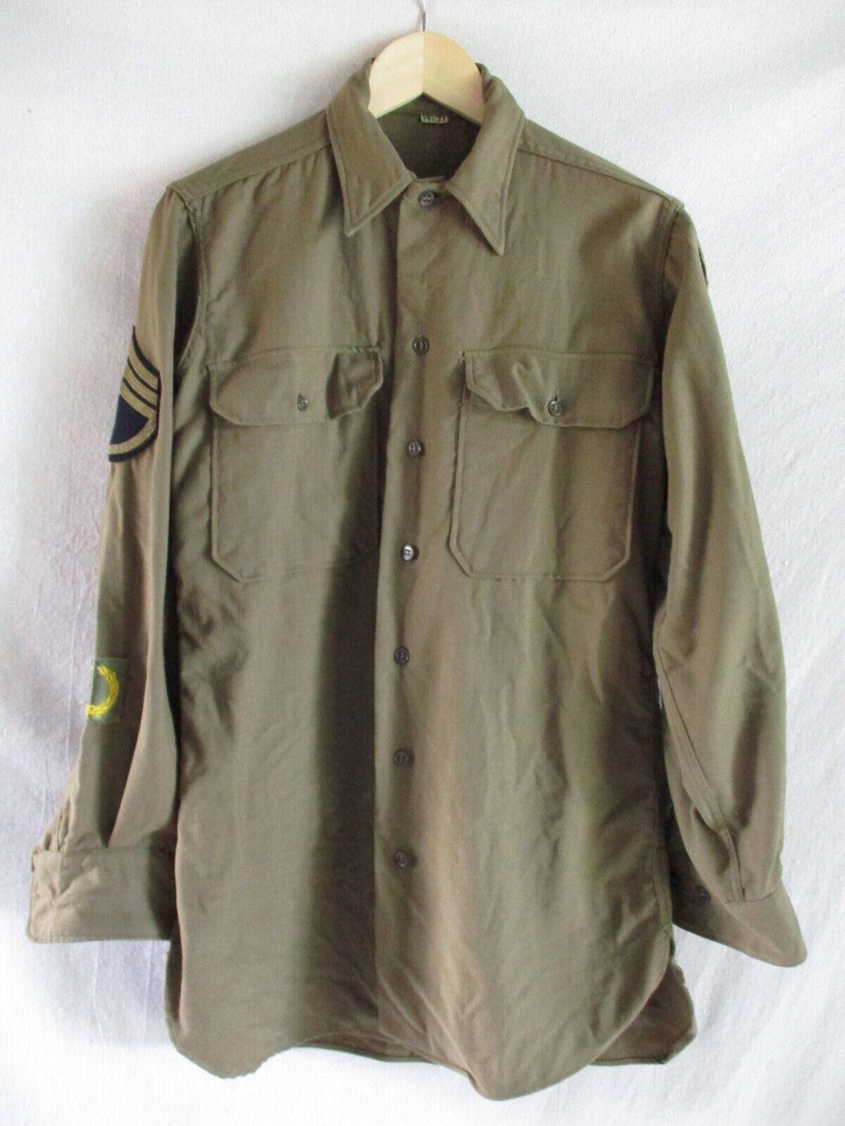 WWII 1940s vintage brown wool officer regulation uniform pocket shirt 14.5 33