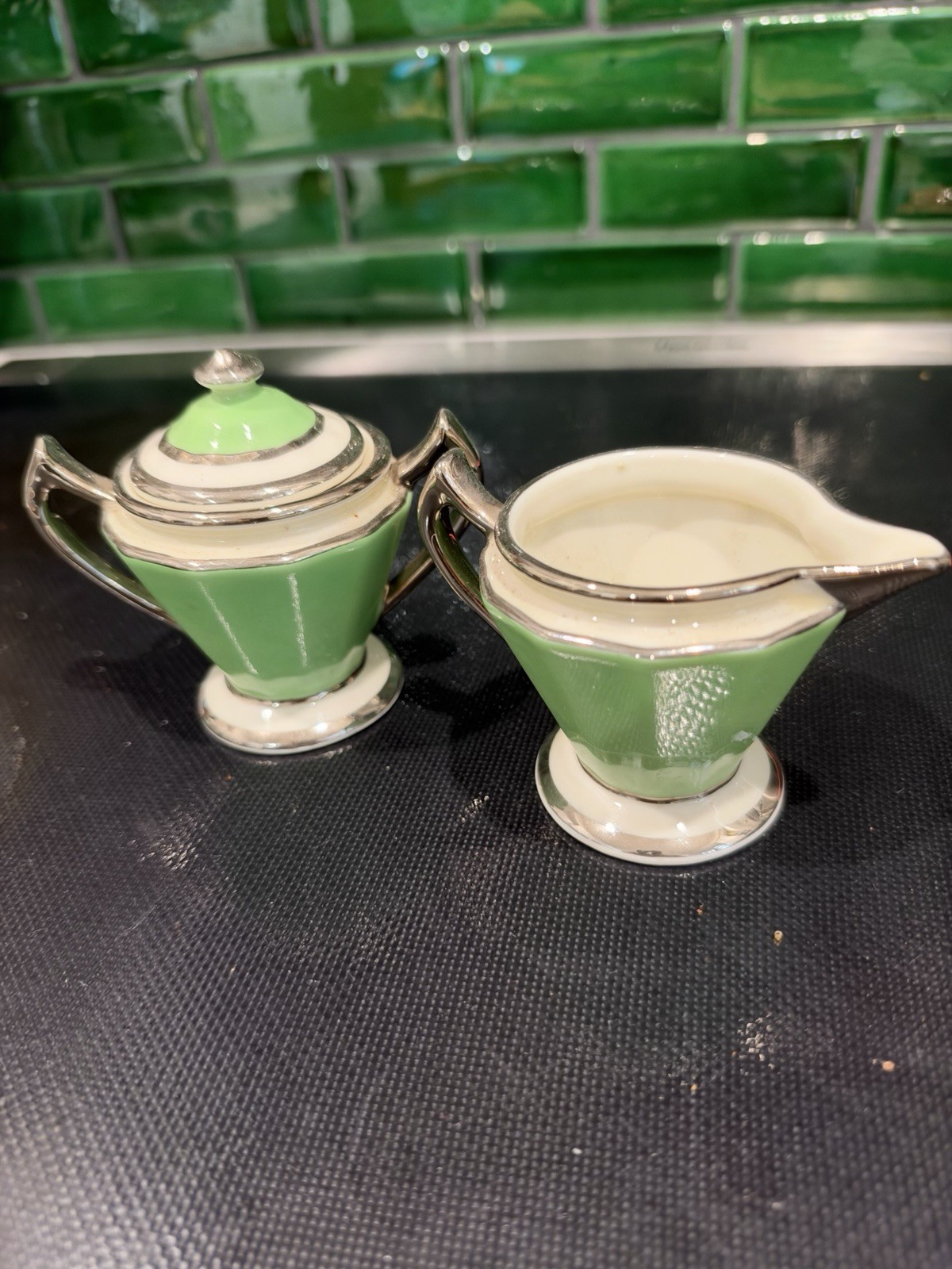 FRAUNFELTER CHINA 387 GREEN AND SILVER ART DECO CREAMER AND SUGAR SET