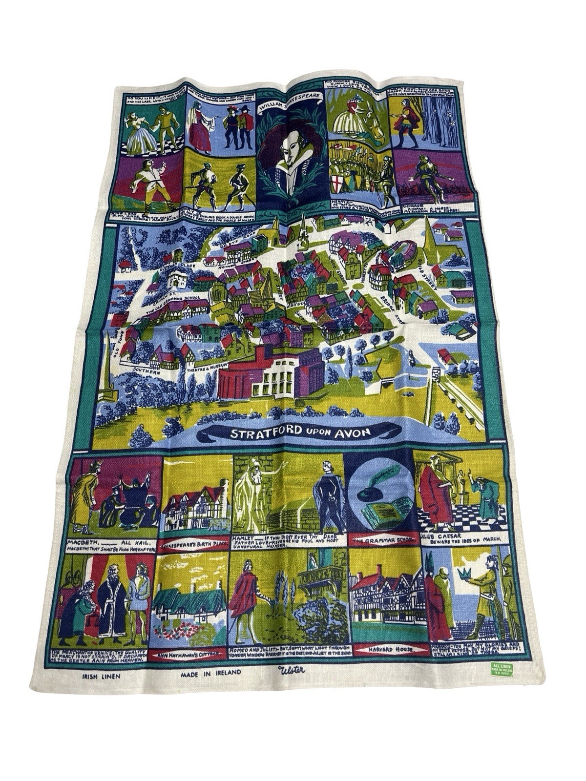 Vtg 60s Ulster Weavers Shakespeare Tea Towel - 100% Linen Made in Ireland - Avon