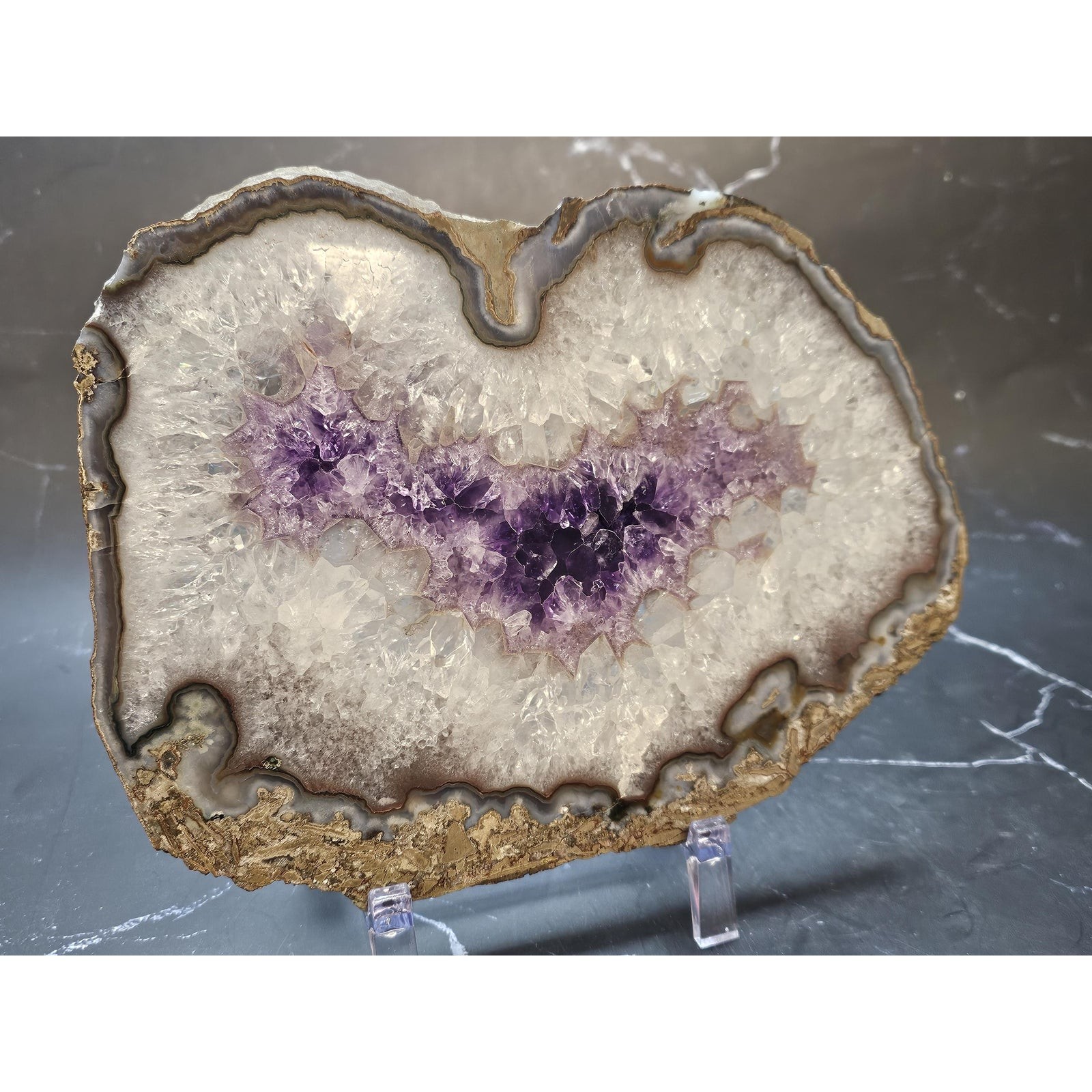 Heart Shaped Amethyst Geode Slice | Large Purple Crystal, Quartz Stone Heart Shaped Amethyst Geode Slice | Large Purple Crystal, Quartz Stone