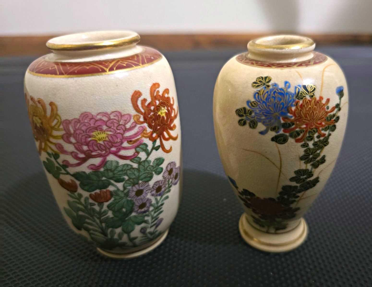 Vintage Japanese Miniature Floral Ceramic Vases Pair Satsuma Style