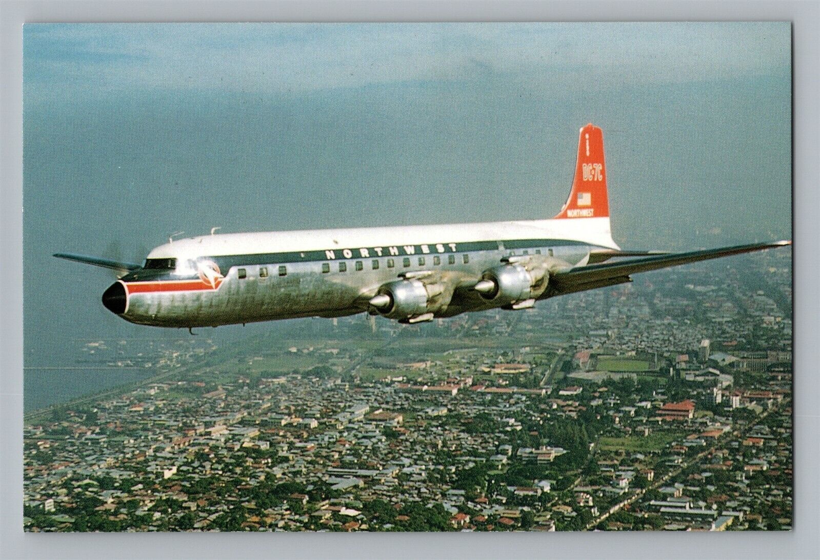 Postcard Northwest Orient Airlines Douglas DC-7C in 1957 Over California BH6