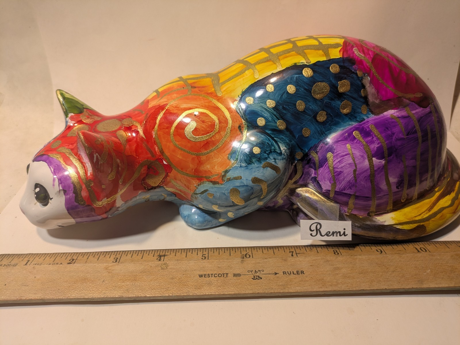 Rainbow Remi w/Golden Details, Hand-painted Original WhimsiClay Cat